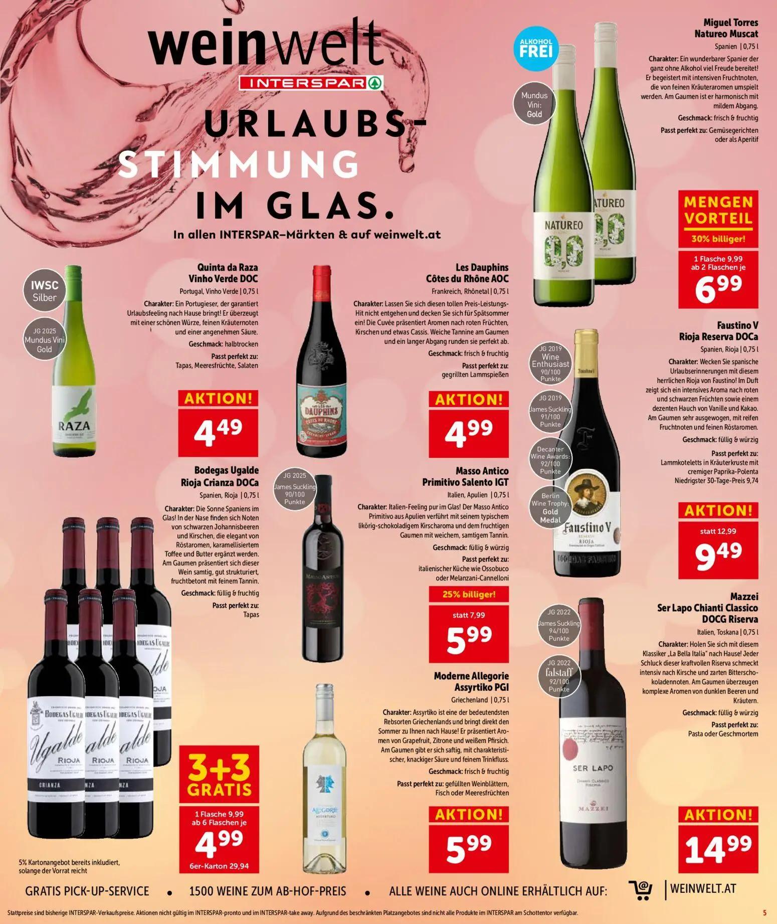 Interspar Prospekt, Seite 5 von 16 — Bodegas Ugalde Rioja Crianza DOCa, Faustino V Rioja Reserva DOCa, Miguel Torres Natureo…