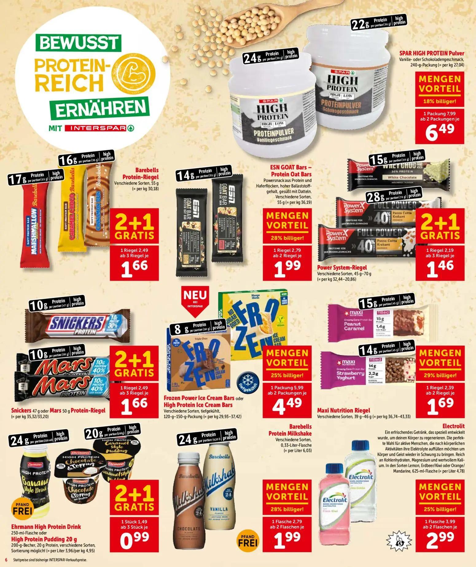 Interspar Prospekt, Seite 6 von 16 — SPAR HIGH PROTEIN Pulver Vanille- oder Schokoladengeschmack, Frozen Power Ice Cream Bar…