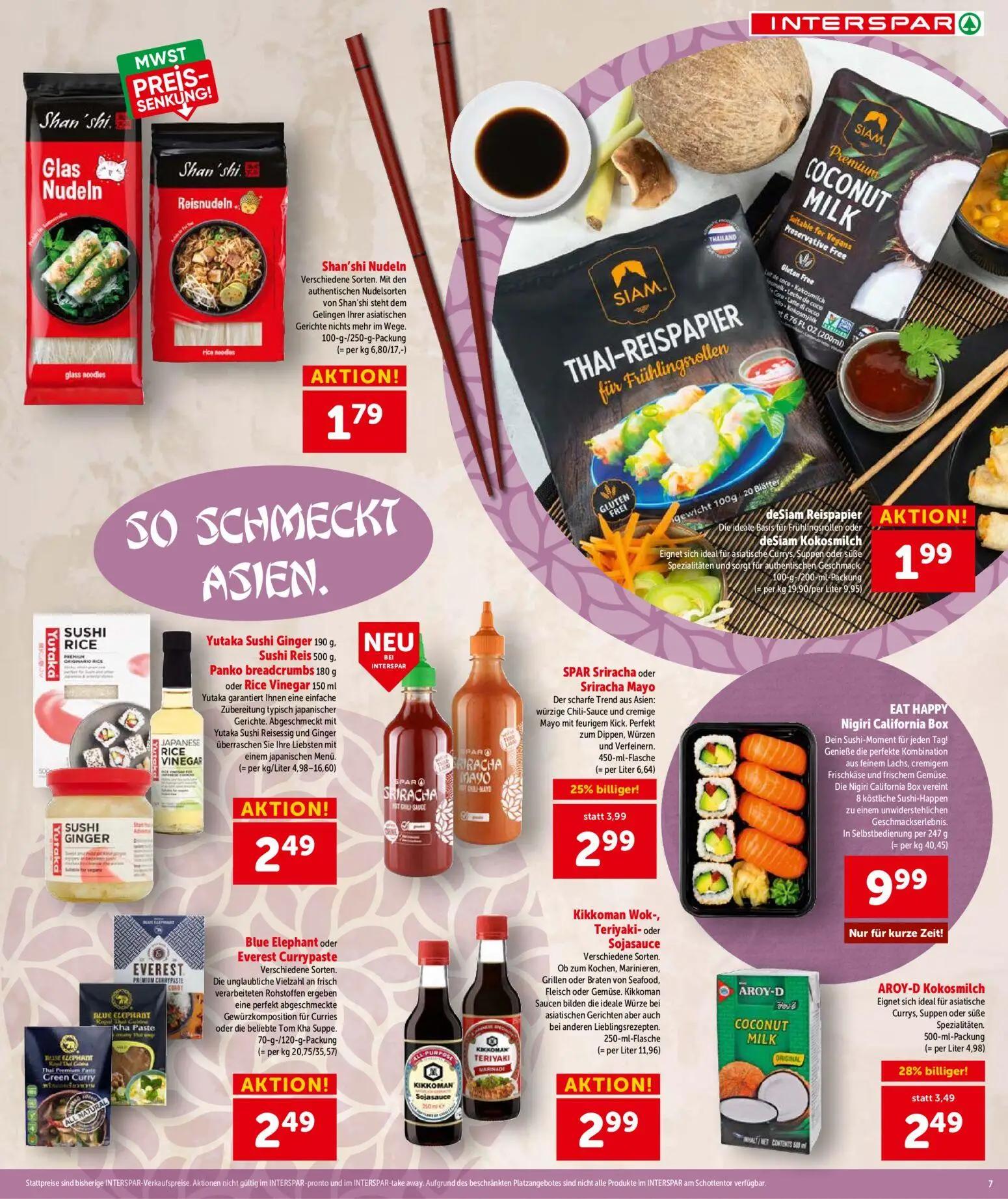 Interspar Prospekt, Seite 7 von 16 — SPAR Sriracha oder Sriracha Mayo, AROY-D Kokosmilch, Shan'shi Nudeln
