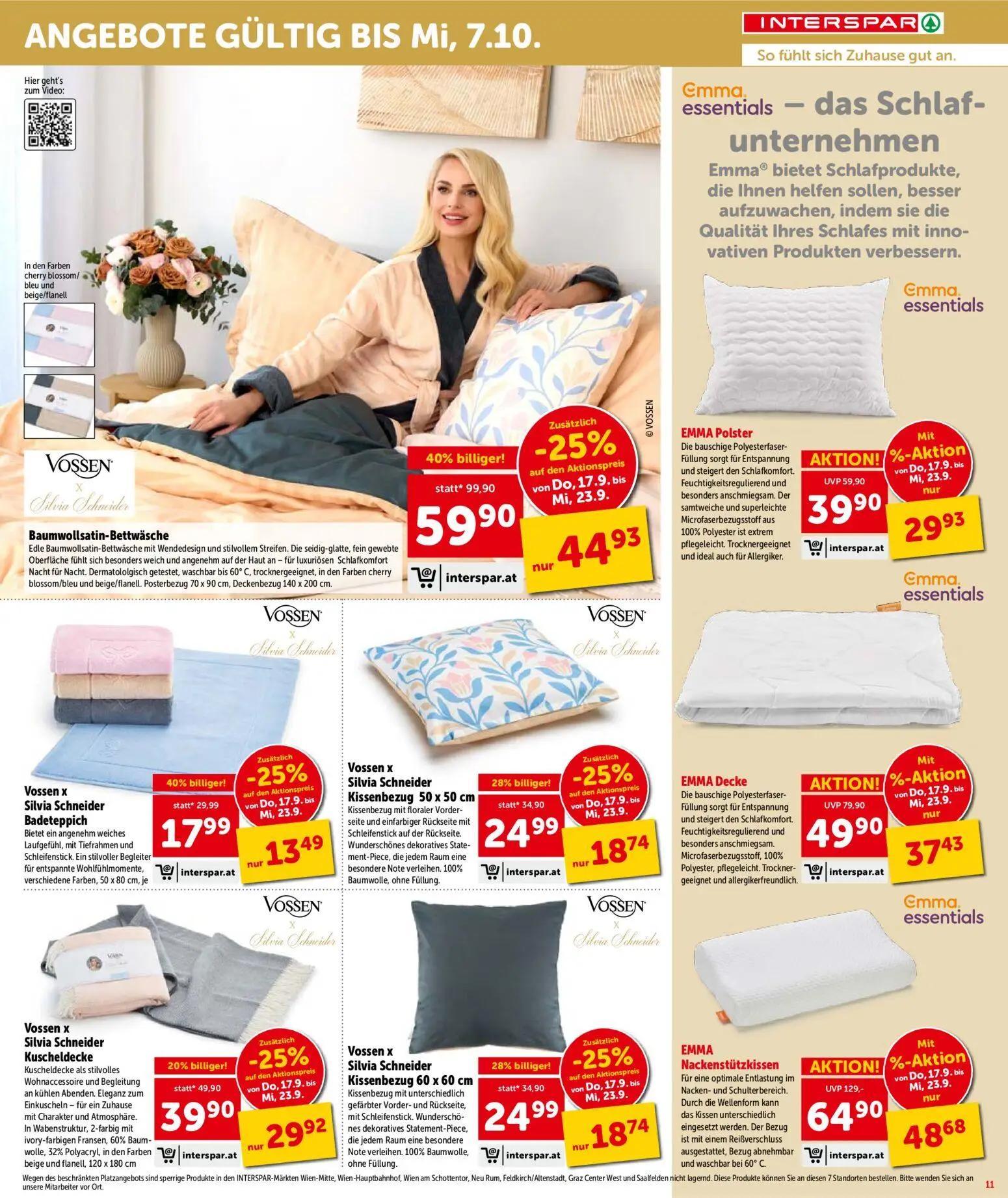 Interspar Prospekt, Seite 11 von 16 — EMMA Nackenstützkissen, VOSSEN Silvia Schneider Baumwollsatin-Bettwäsche, EMMA Decke