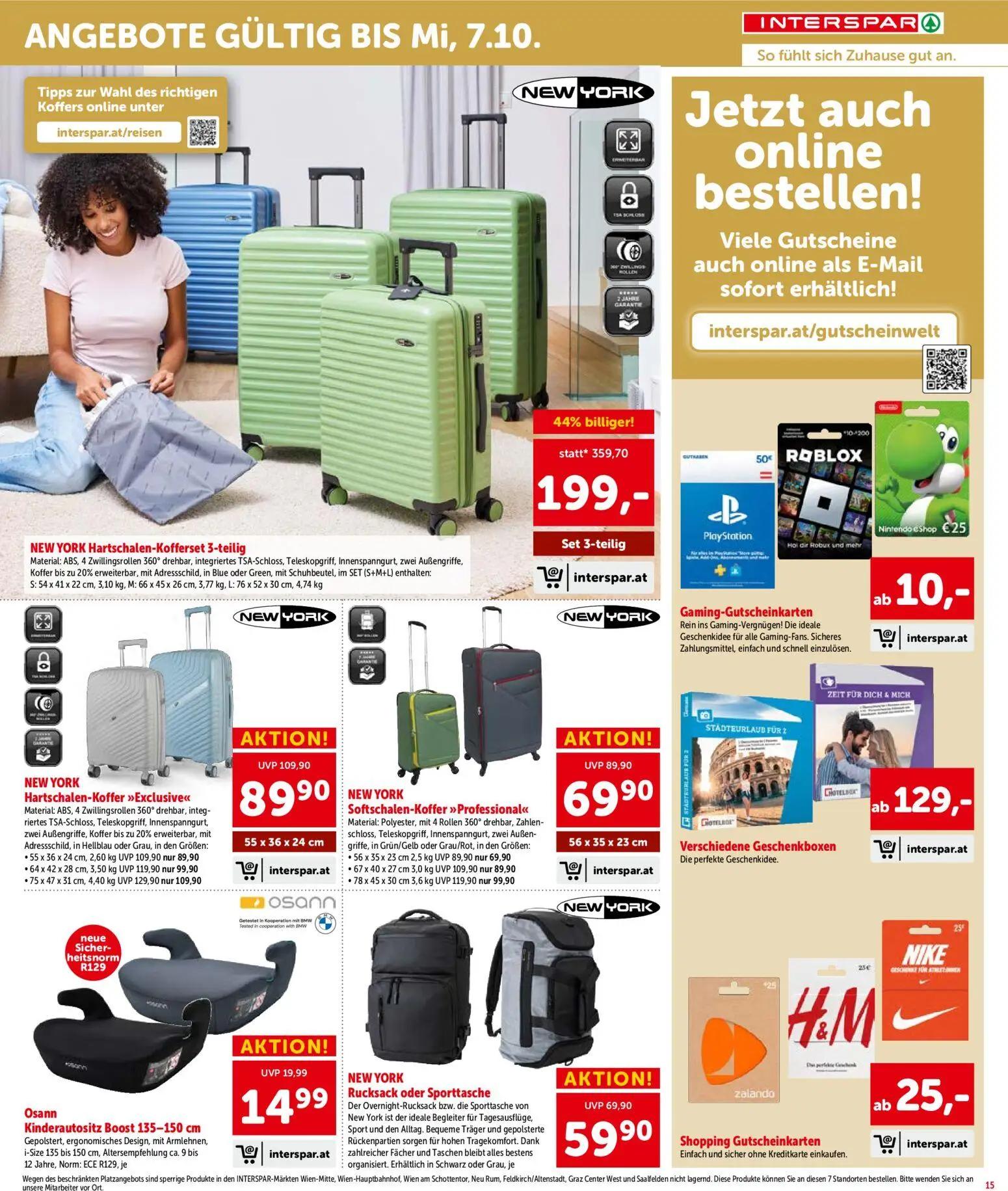 Interspar Prospekt, Seite 15 von 16 — NEW YORK Hartschalen-Kofferset 3-teilig, NEW YORK Hartschalen-Koffer »Exclusive«, NEW …