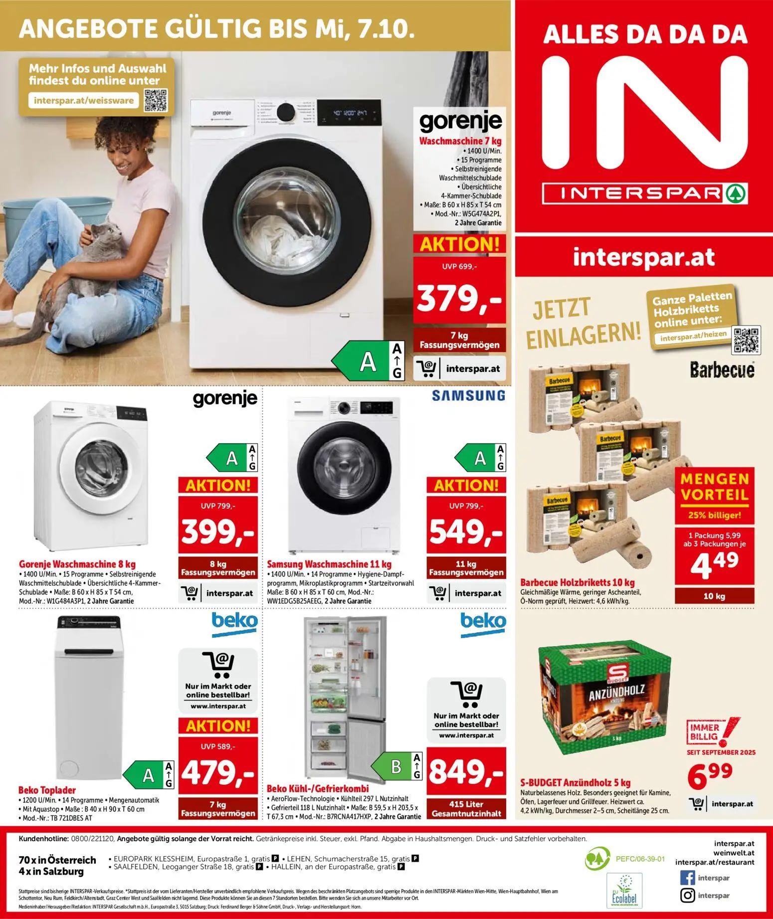 Interspar Prospekt, Seite 16 von 16 — Gorenje Waschmaschine 8 kg, gorenje Waschmaschine 7 kg, Samsung Waschmaschine 11 kg