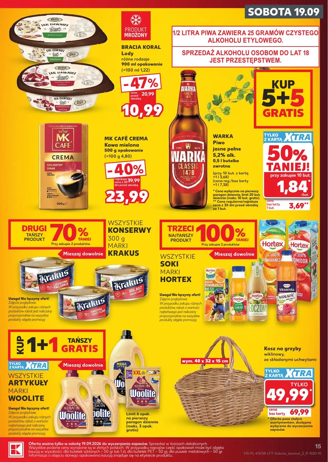Kaufland gazetka, strona 15 z 55 — Kosz na grzyby wiklinowy, MK CAFÉ CREMA Kawa mielona, BRACIA KORAL Lody różne rodzaje
