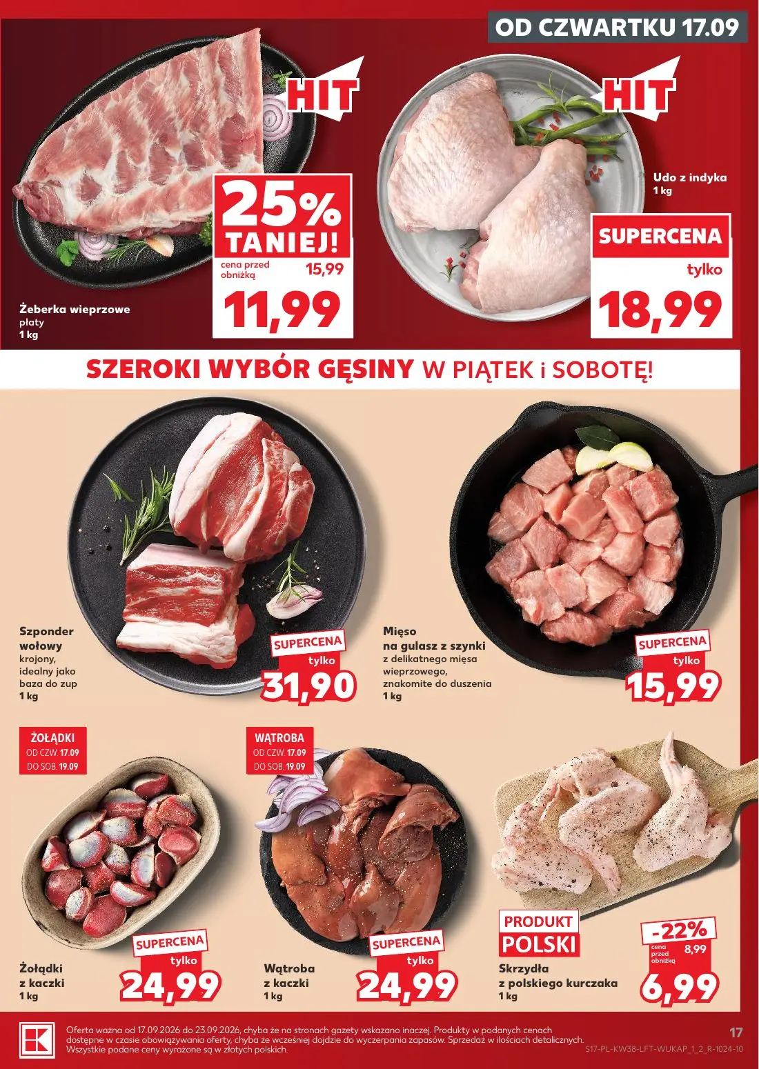 Kaufland gazetka, strona 17 z 55 — Żeberka wieprzowe płaty, Skrzydła z polskiego kurczaka, Udo z indyka