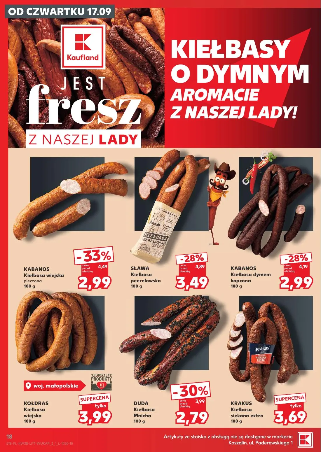 Kaufland gazetka, strona 18 z 55 — Kabanos Kiełbasa wiejska pieczona, Sława Kiełbasa peerelowska, Kabanos Kiełbasa dymem kop…