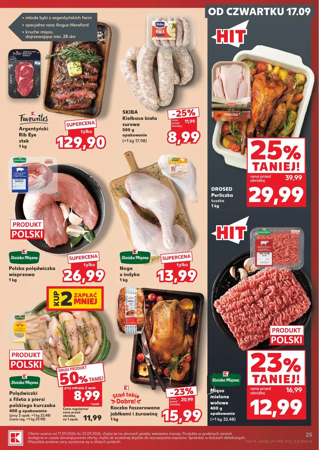 Kaufland gazetka, strona 25 z 55 — DROSED Perliczka tuszka, Kaczka faszerowana jabłkami i żurawiną, Mięso mielone wołowe
