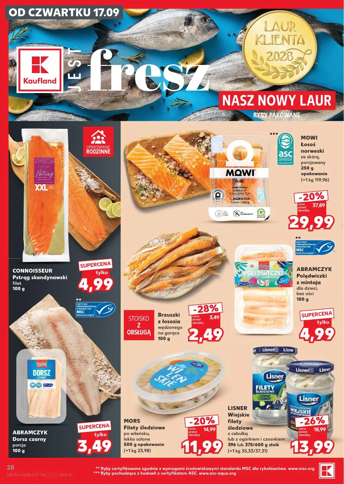 Kaufland gazetka, strona 28 z 55 — Łosoś norweski ze skórą, porcjowany, Wiejskie filety śledziowe z cebulką lub z ogórkiem i…