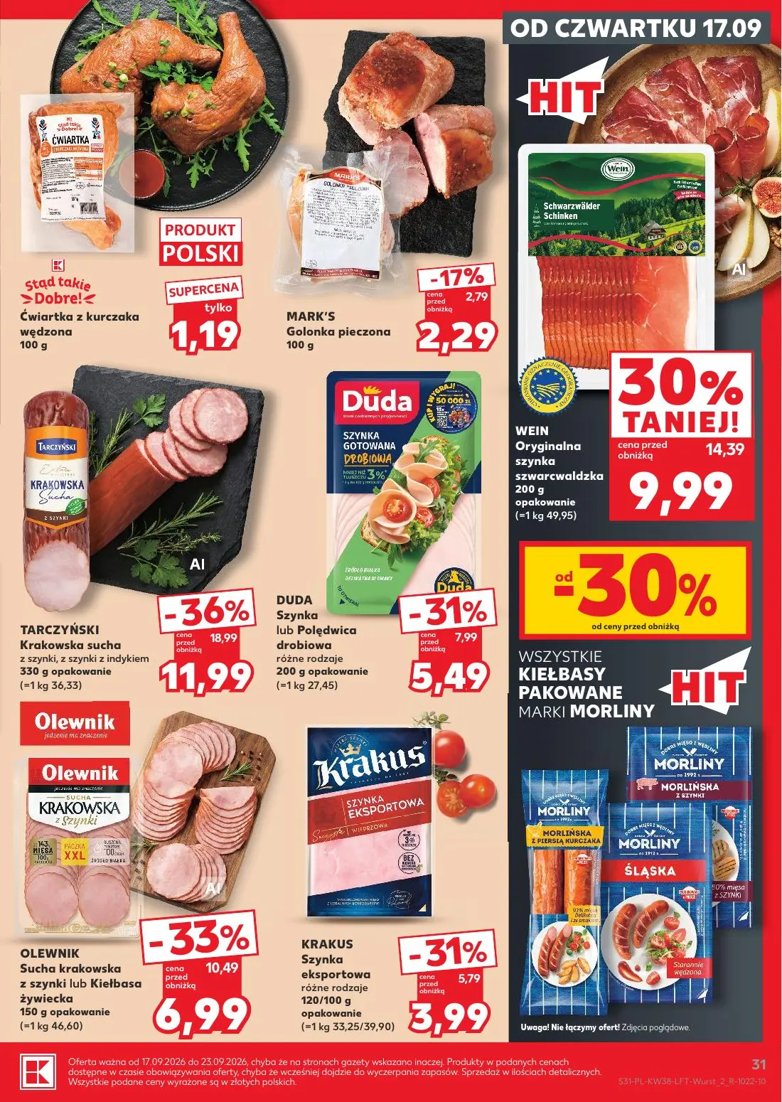 Kaufland gazetka, strona 31 z 55 — TARCZYŃSKI Krakowska sucha z szynki, z szynki z indykiem, WEIN Oryginalna szynka szwarcwa…