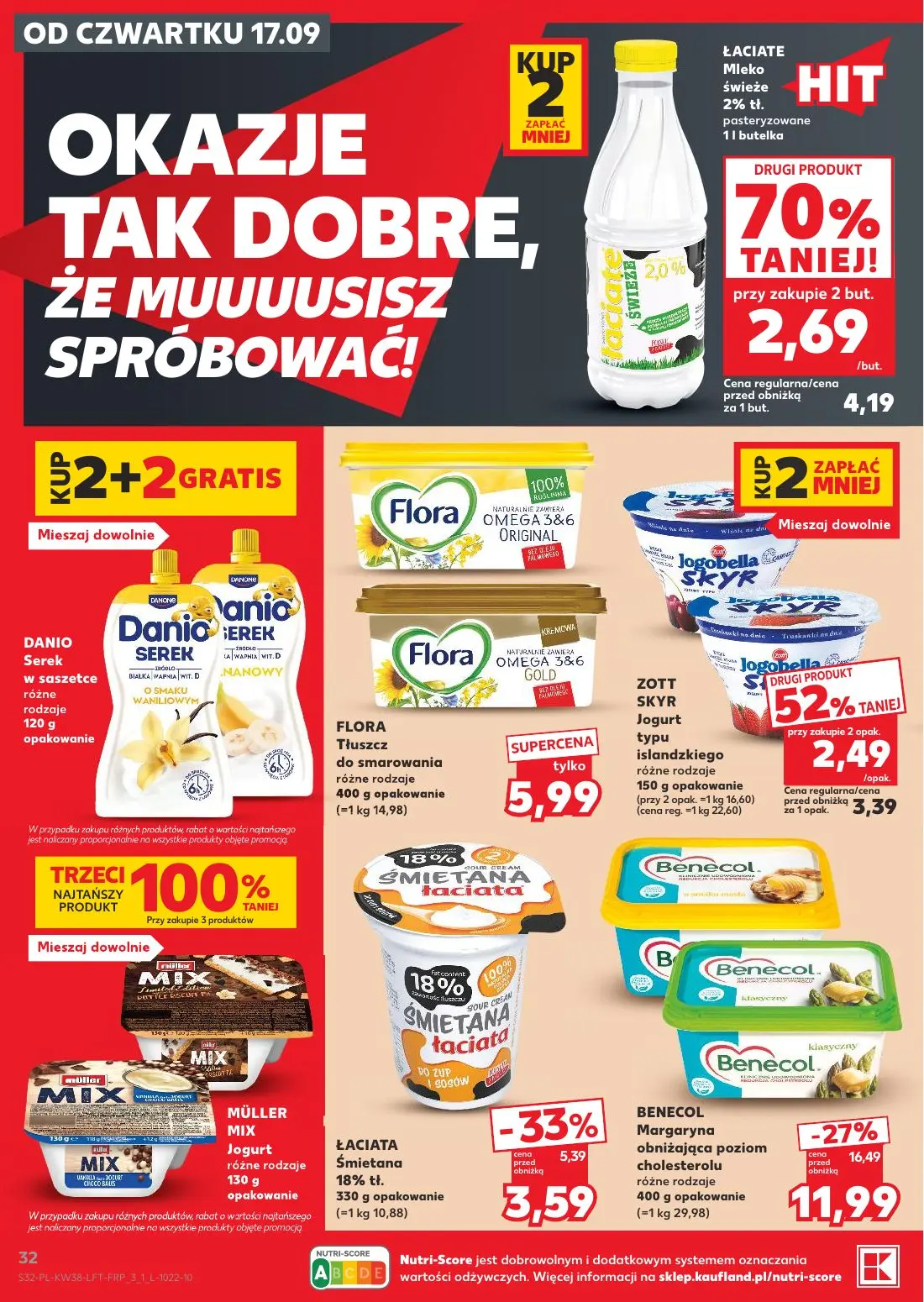 Kaufland gazetka, strona 32 z 55 — BENECOL Margaryna obniżająca poziom cholesterolu różne rodzaje, ŁACIATA Śmietana 18% tł.,…