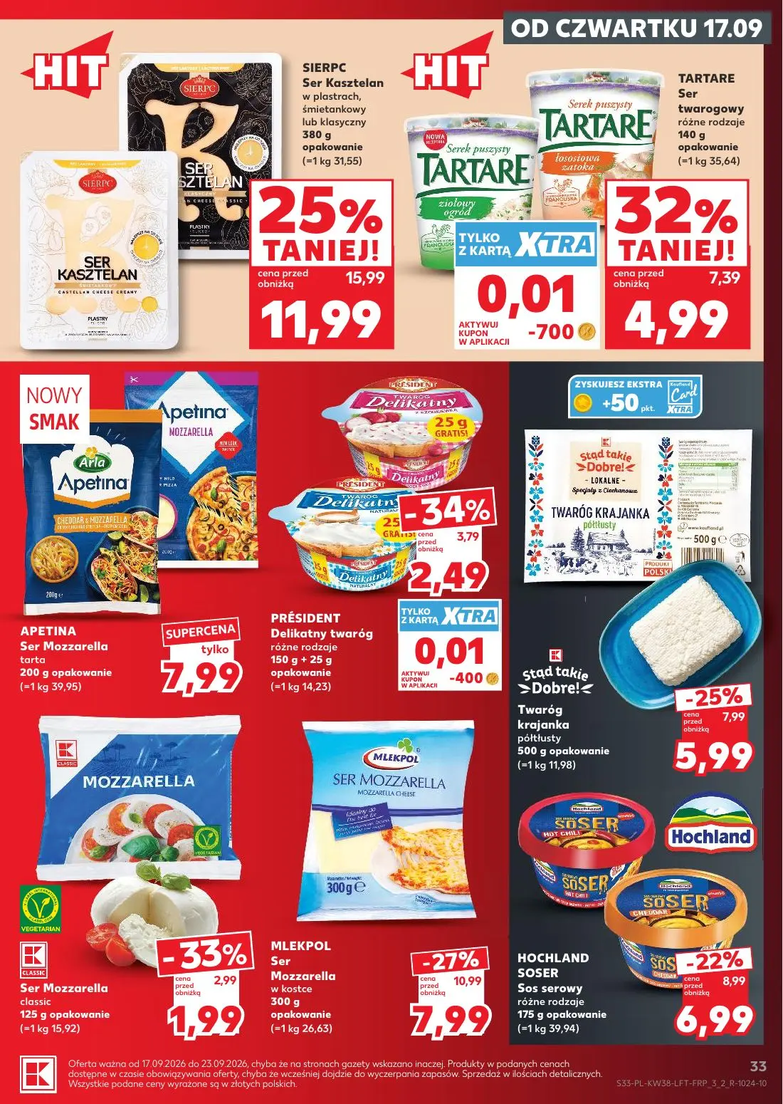 Kaufland gazetka, strona 33 z 55 — SIERPC Ser Kasztelan, MLEKPOL Ser Mozzarella w kostce, TARTARE Ser twarogowy