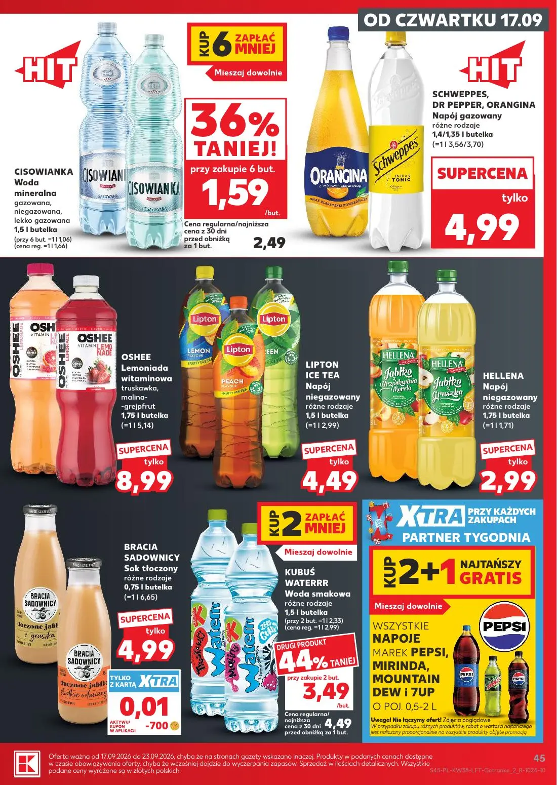Kaufland gazetka, strona 45 z 55 — KUBUŚ WATERRR Woda smakowa różne rodzaje, CISOWIANKA Woda mineralna gazowana, niegazowana…