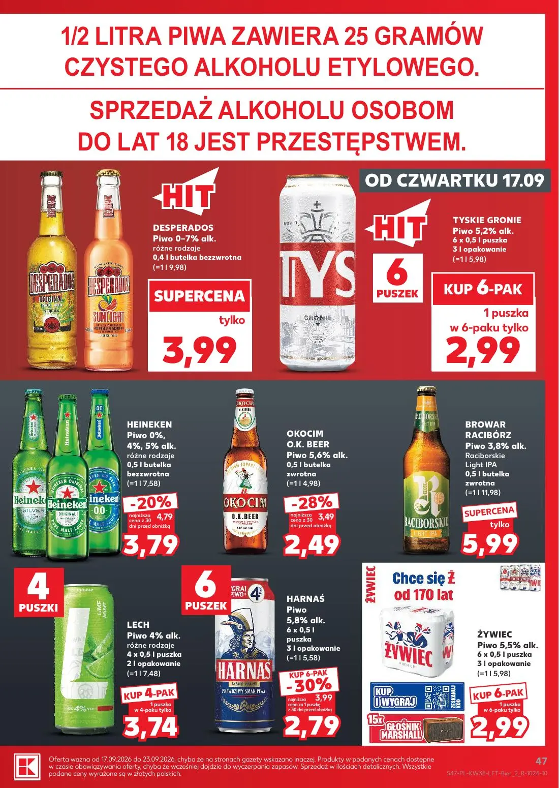 Kaufland gazetka, strona 47 z 55 — HARNAŚ Piwo 5,8% alk., HEINEKEN Piwo 0%, 4%, 5% alk. różne rodzaje, OKOCIM O.K. BEER Piwo…