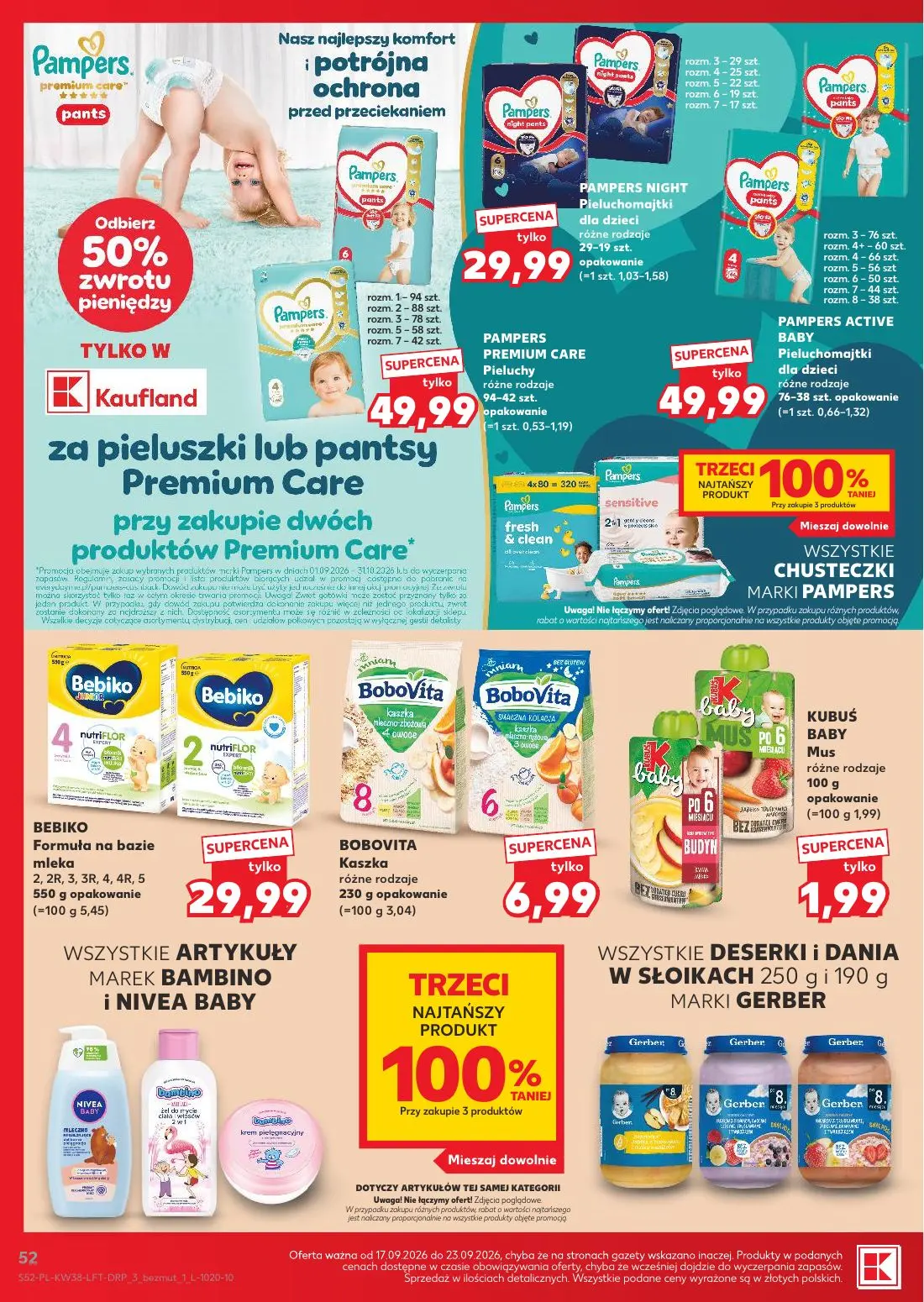Kaufland gazetka, strona 52 z 55 — PAMPERS NIGHT Pieluchomajtki dla dzieci, PAMPERS PREMIUM CARE Pieluchy, PAMPERS ACTIVE BA…