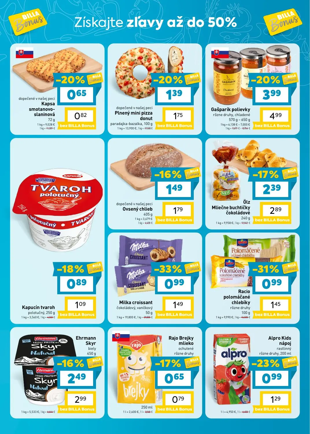 Billa leták, strana 3 z 9 — Gašparík polievky rôzne druhy, chladené, Mliečne buchtičky čokoládové, Milka croissant čokoládov…