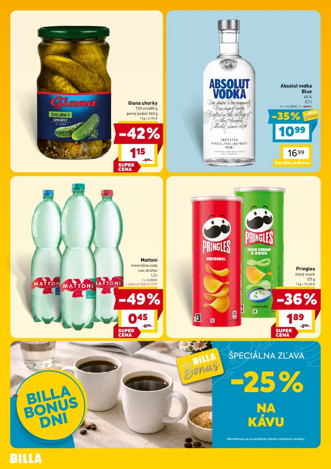 Billa leták, strana 4 z 4 — Absolut vodka Blue, Pringles slaný snack, Giana uhorky