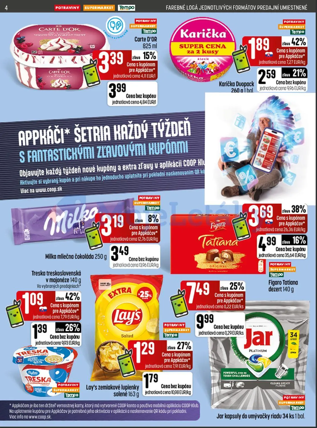 Coop Jednota leták, strana 4 z 28 — Jar kapsuly do umývačky riadu, Figaro Tatiana dezert, Karička Duopack