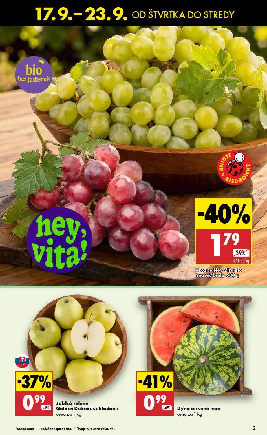 Biedronka leták, strana 5 z 48 — Hrozno Hey Vita Bio tmavé/biele, Dyňa červená mini, Jablká zelené Golden Delicious ukladané
