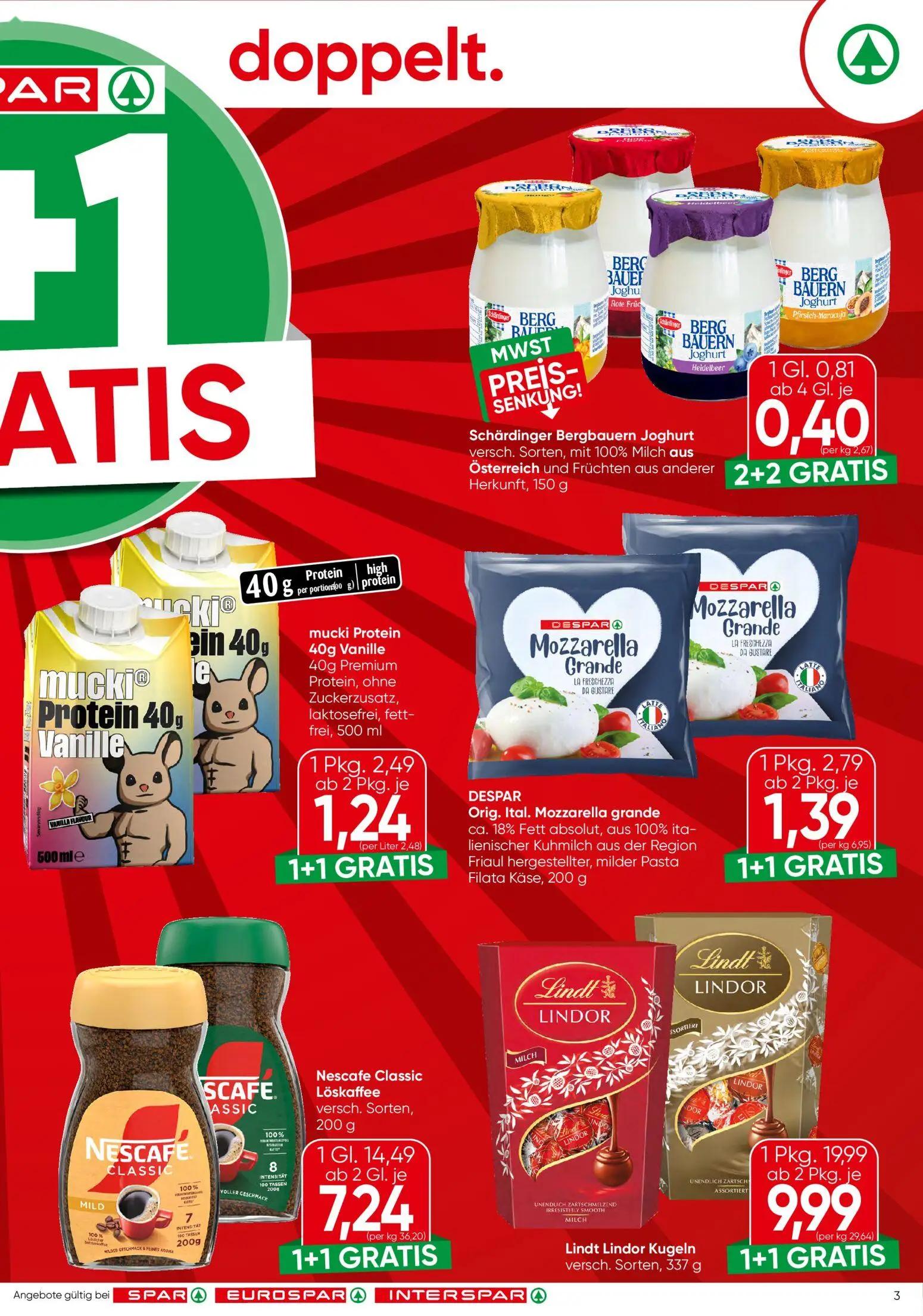 Spar Prospekt, Seite 3 von 16 — Lindt Lindor Kugeln, Nescafe Classic Löskaffee, DESPAR Orig. Ital. Mozzarella grande