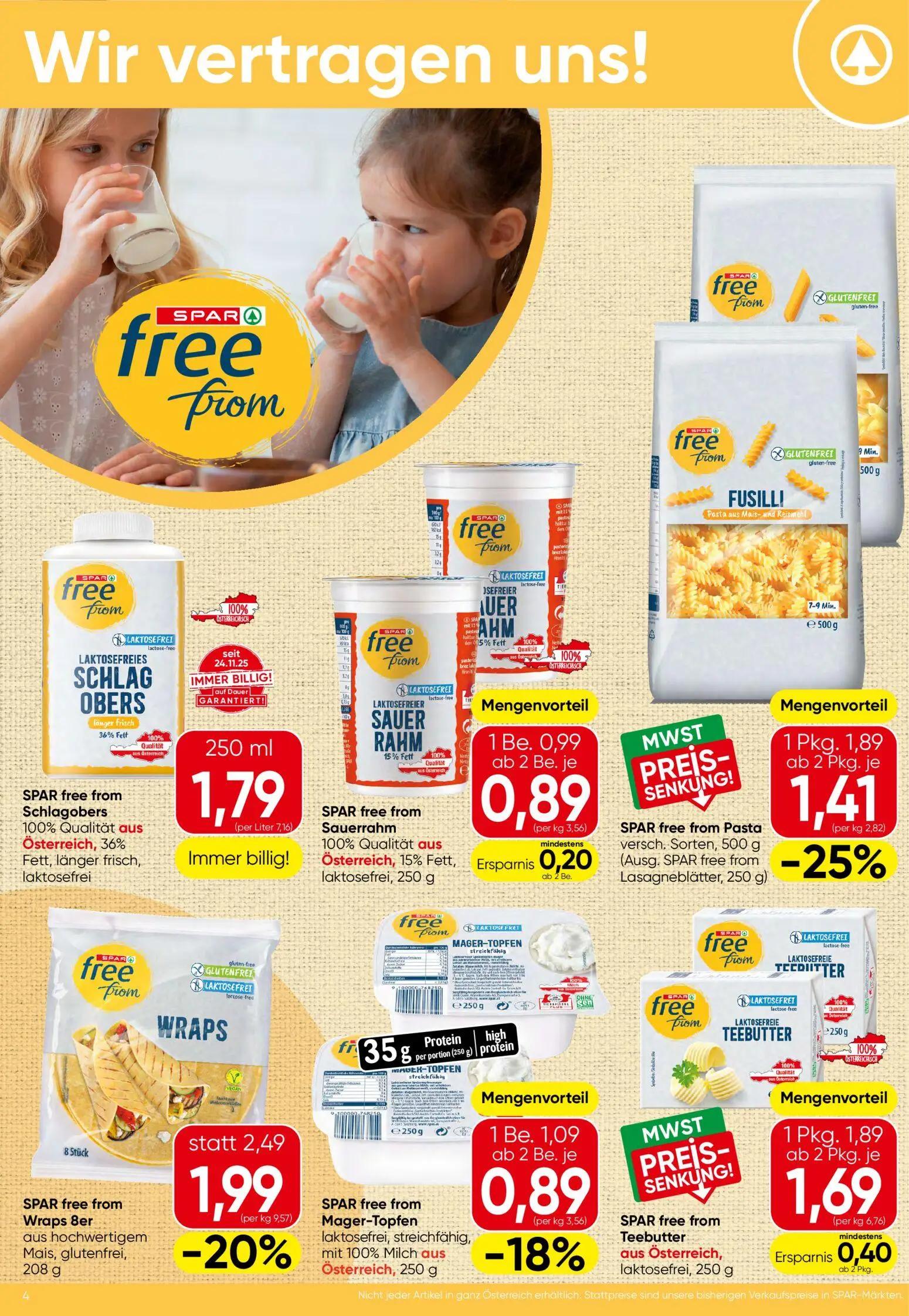 Spar Prospekt, Seite 4 von 16 — SPAR free from Wraps 8er aus hochwertigem Mais, glutenfrei, SPAR free from Pasta versch. Sor…