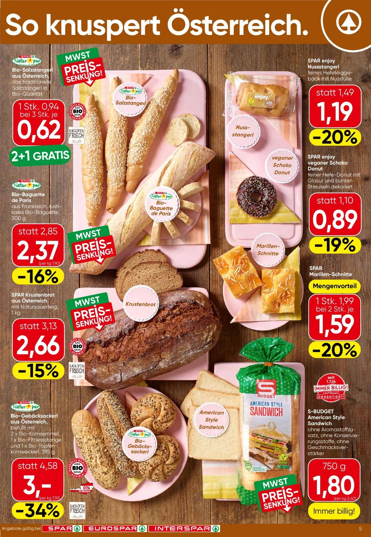 Spar Prospekt, Seite 5 von 16 — SPAR Natur pur Bio-Gebäcksackerl aus Österreich, befüllt mit 2 x Bio-Kornsemmel, 1 x Bio-Fit…
