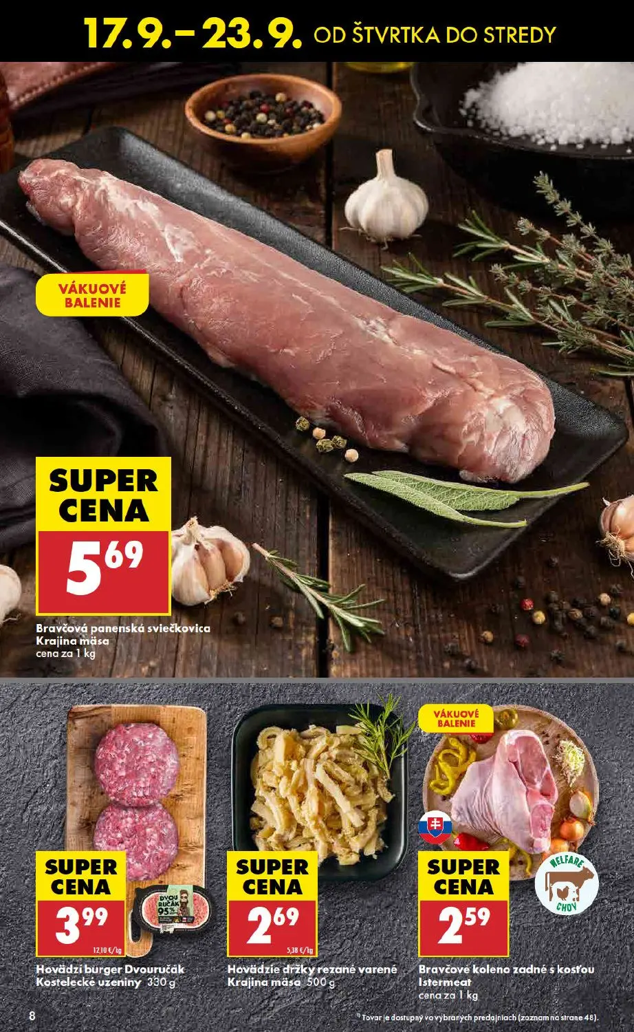 Biedronka leták, strana 8 z 48 — Bravčová panenská sviečkovica, Hovädzí burger Dvouručák Kostelecké uzeniny, Hovädzie držky …