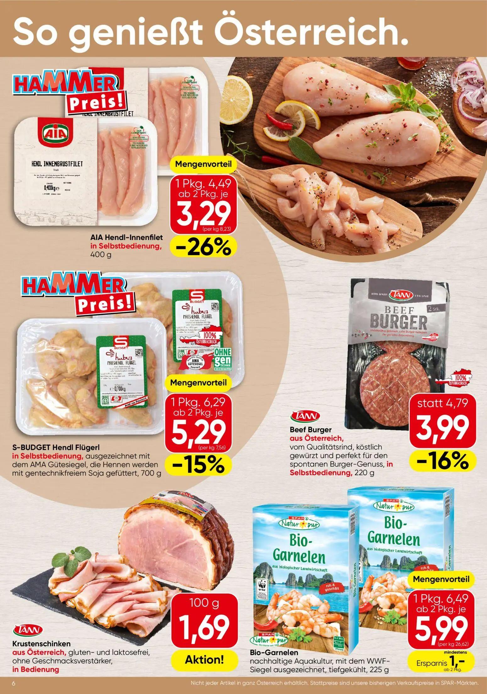 Spar Prospekt, Seite 6 von 16 — AIA Hendl-Innenfilet, S-BUDGET Hendl Flügerl, Beef Burger