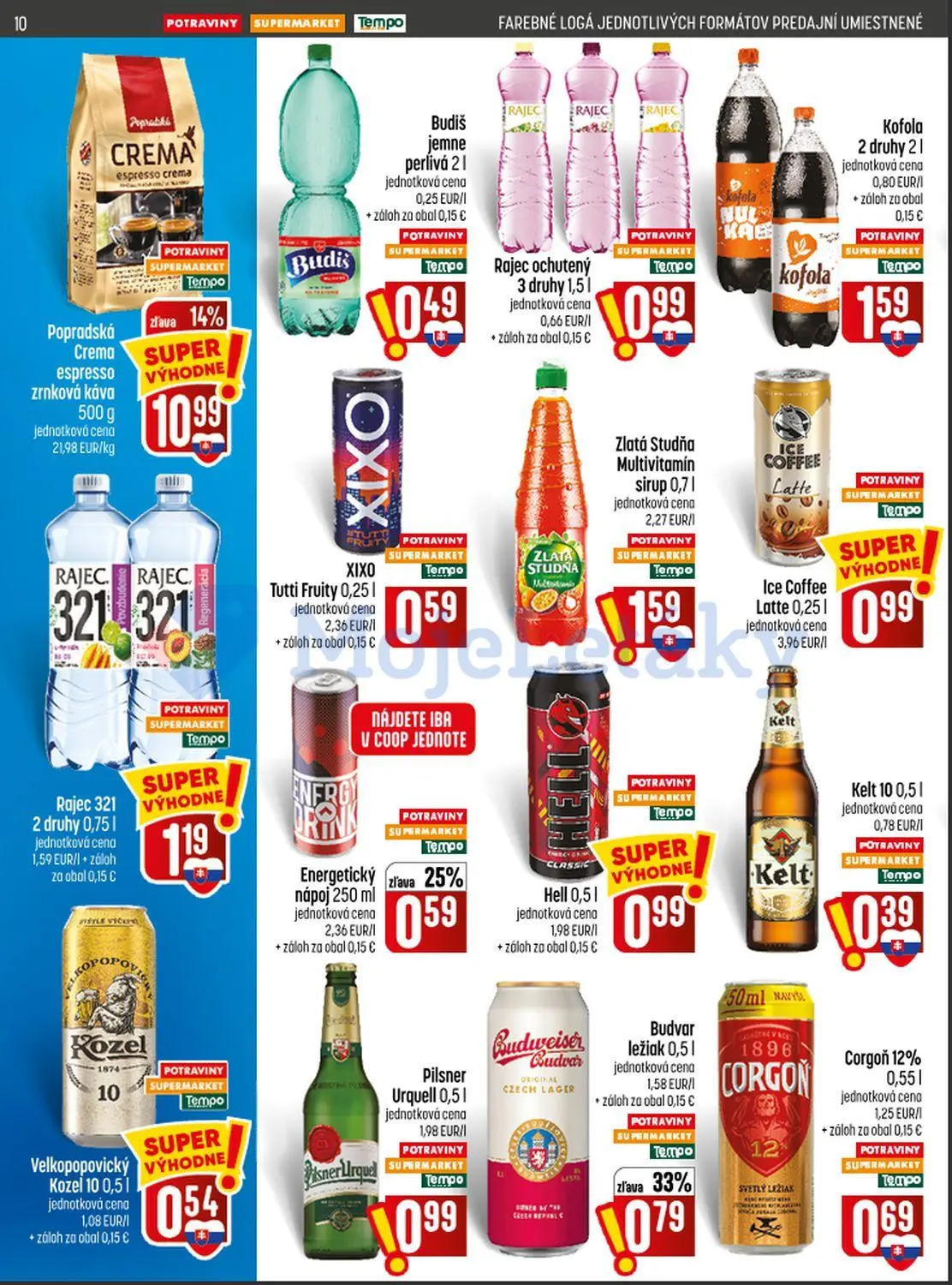 Coop Jednota leták, strana 10 z 28 — Popradská Crema espresso zrnková káva, Budvar ležiak, Energetický nápoj