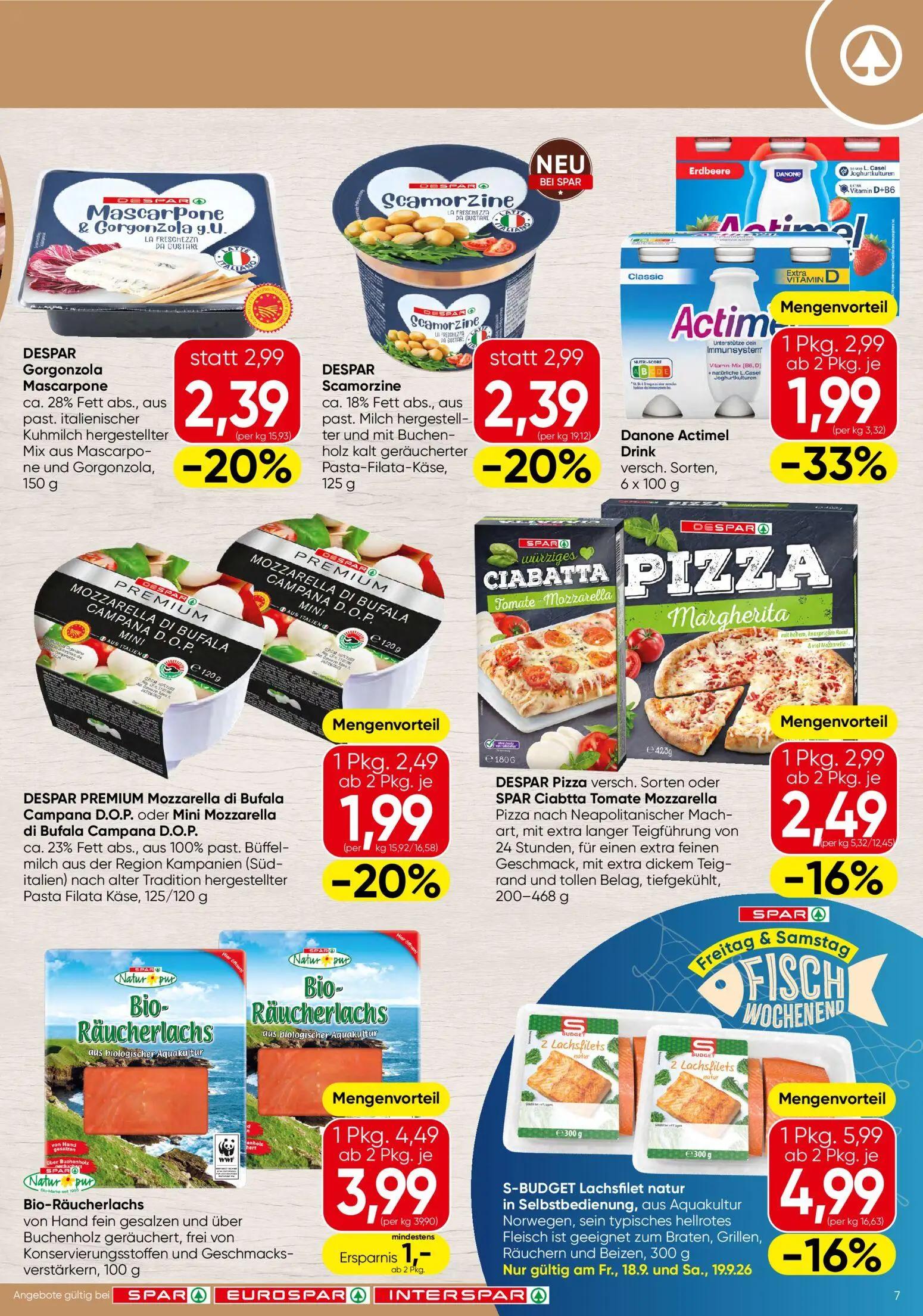 Spar Prospekt, Seite 7 von 16 — Danone Actimel Drink, S-BUDGET Lachsfilet natur, DESPAR Gorgonzola Mascarpone