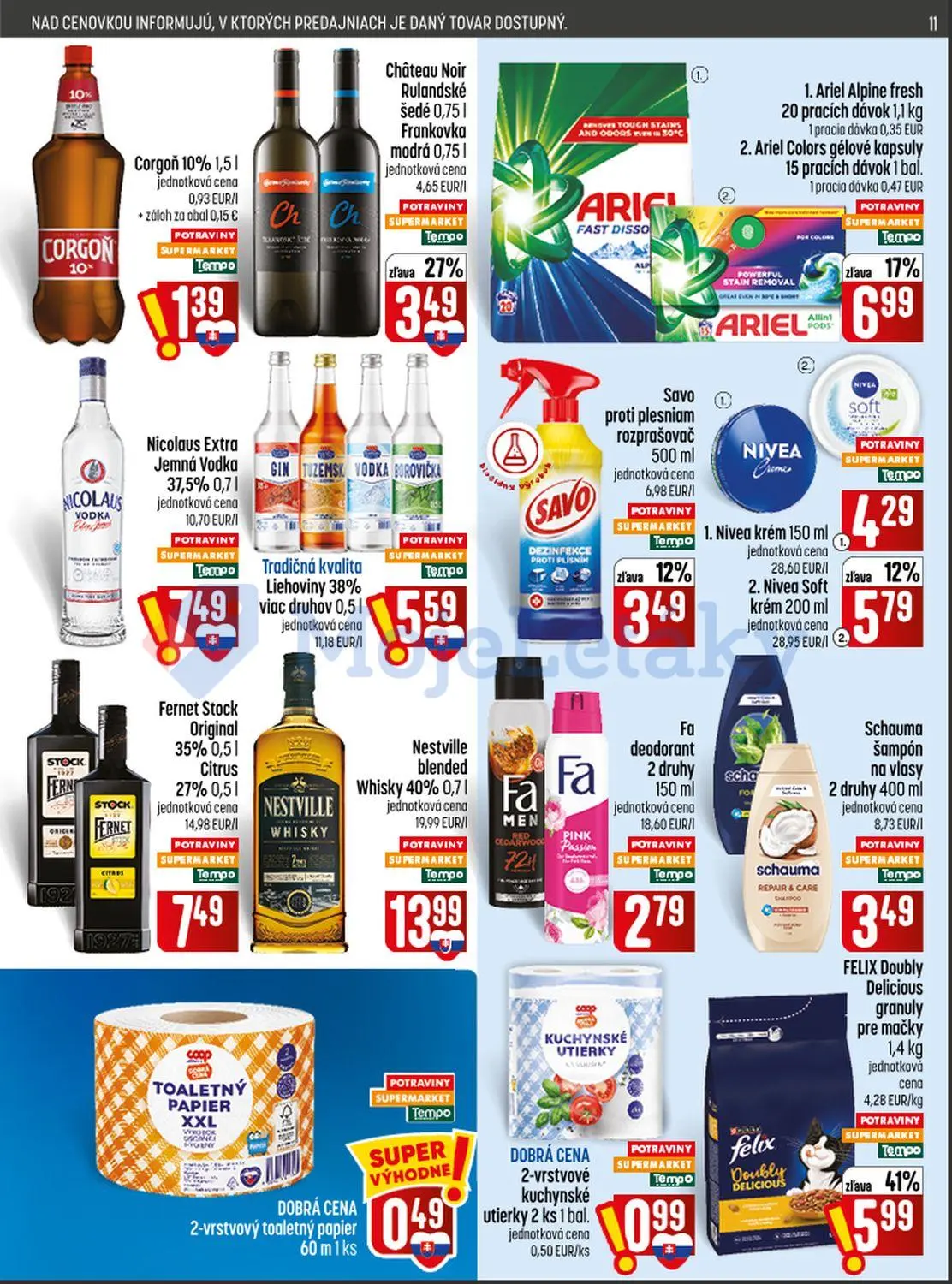 Coop Jednota leták, strana 11 z 28 — FELIX Doubly Delicious granuly pre mačky, Ariel Alpine fresh, Ariel Colors gélové kapsu…