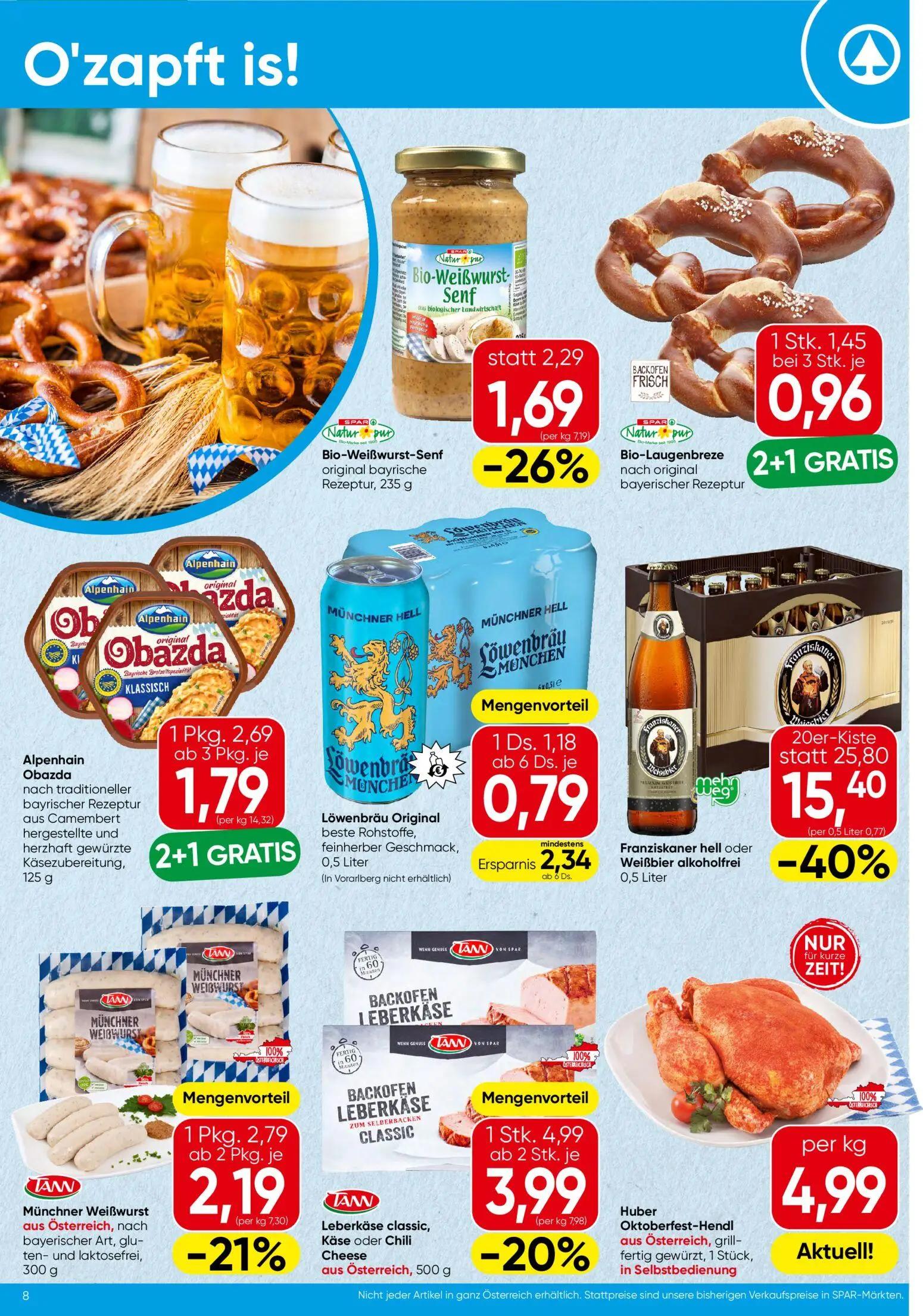 Spar Prospekt, Seite 8 von 16 — Franziskaner hell oder Weißbier alkoholfrei, Leberkäse classic, Käse oder Chili Cheese, Alpe…