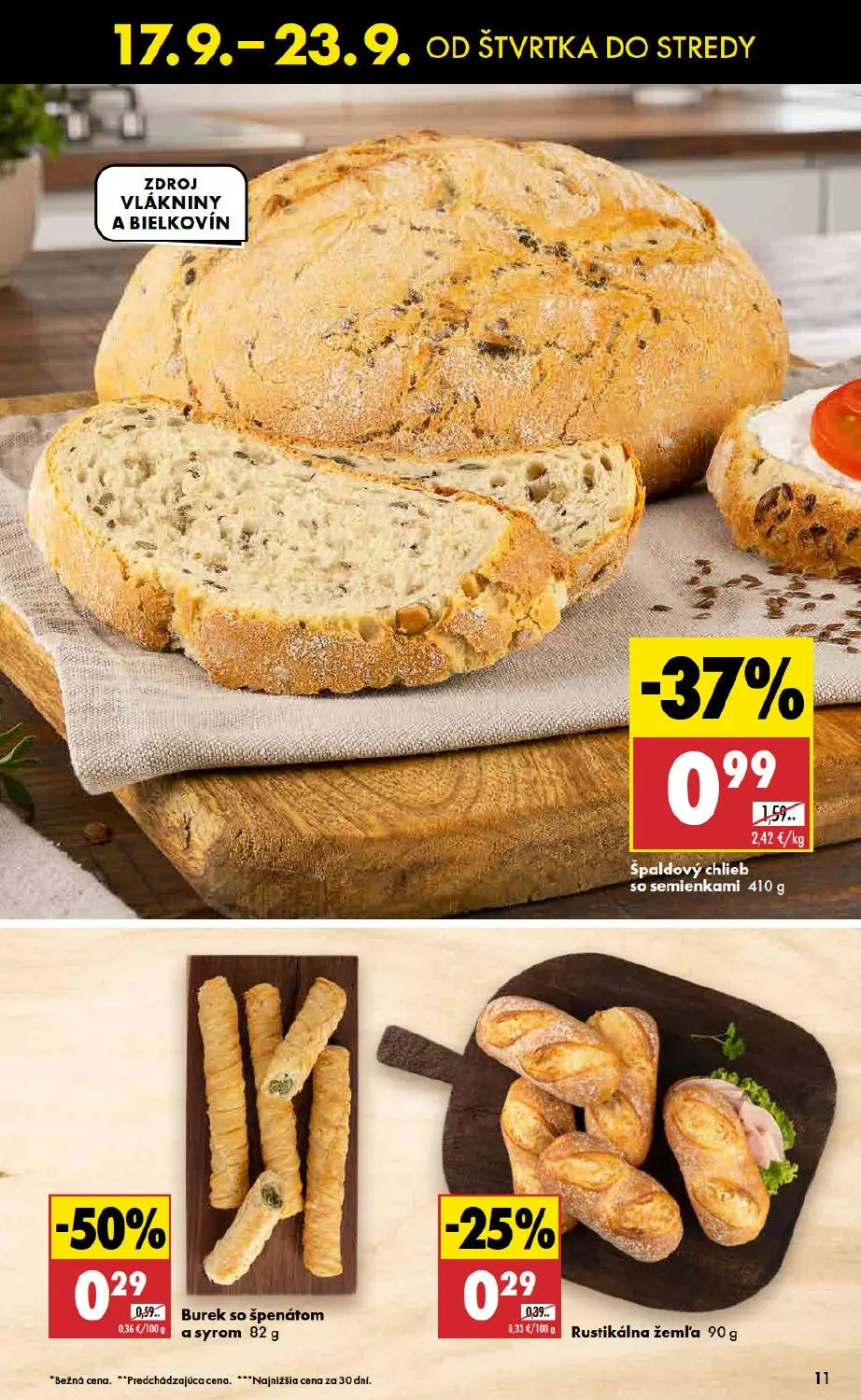 Biedronka leták, strana 11 z 48 — Špaldový chlieb so semienkami, Burek so špenátom a syrom, Rustikálna žemľa