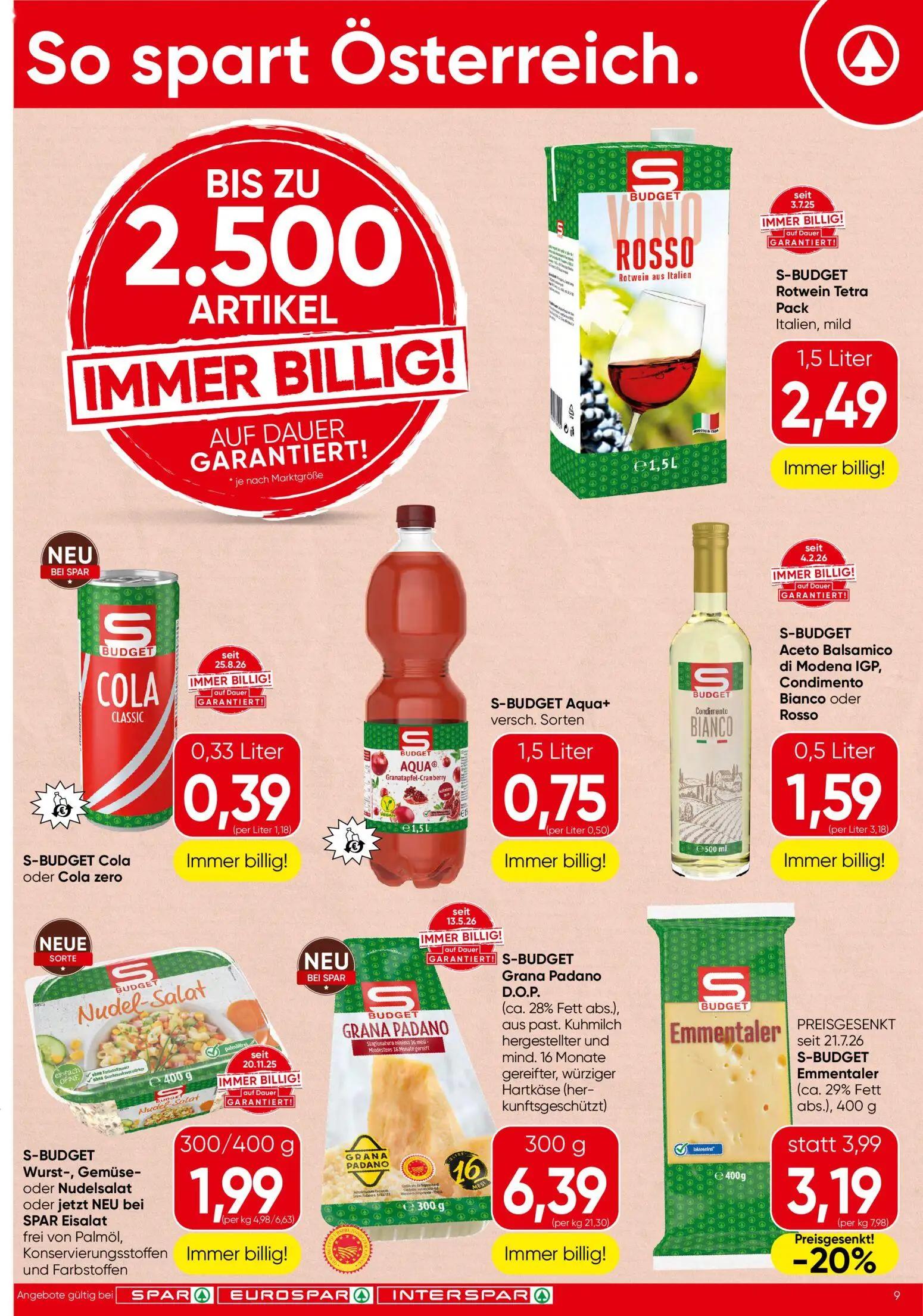 Spar Prospekt, Seite 9 von 16 — S-BUDGET Emmentaler (ca. 29% Fett abs.), 400 g, S-BUDGET Rotwein Tetra Pack, S-BUDGET Cola o…