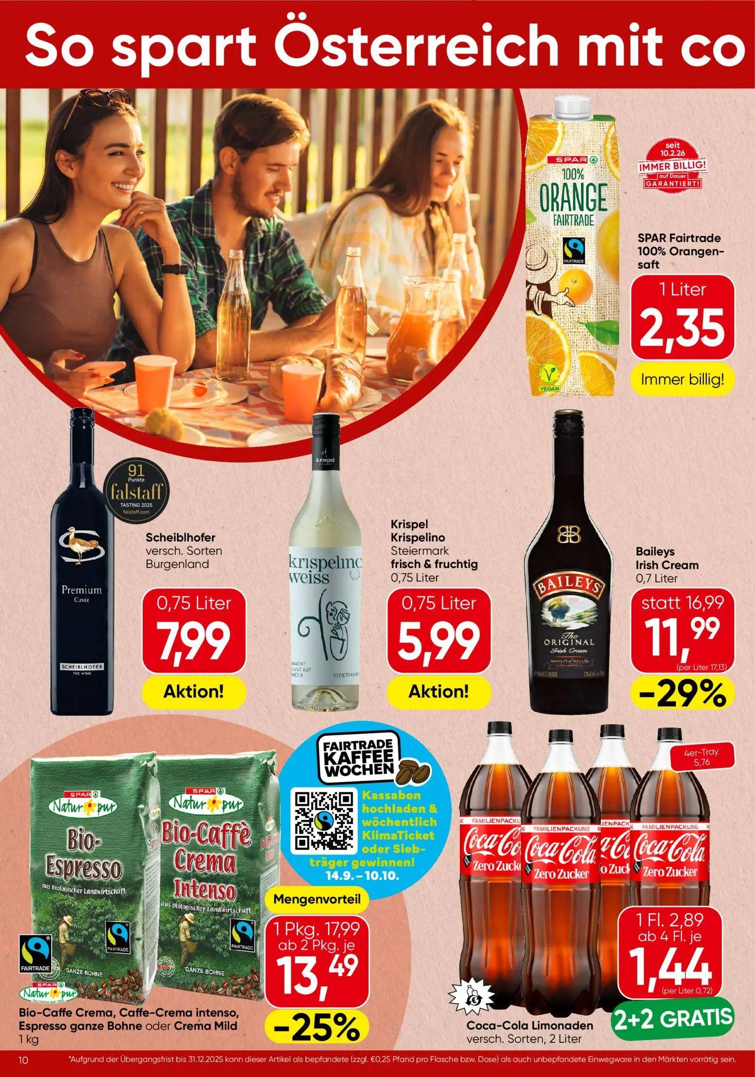 Spar Prospekt, Seite 10 von 16 — Baileys Irish Cream, Bio-Caffe Crema, Caffe-Crema intenso, Espresso ganze Bohne oder Crema …
