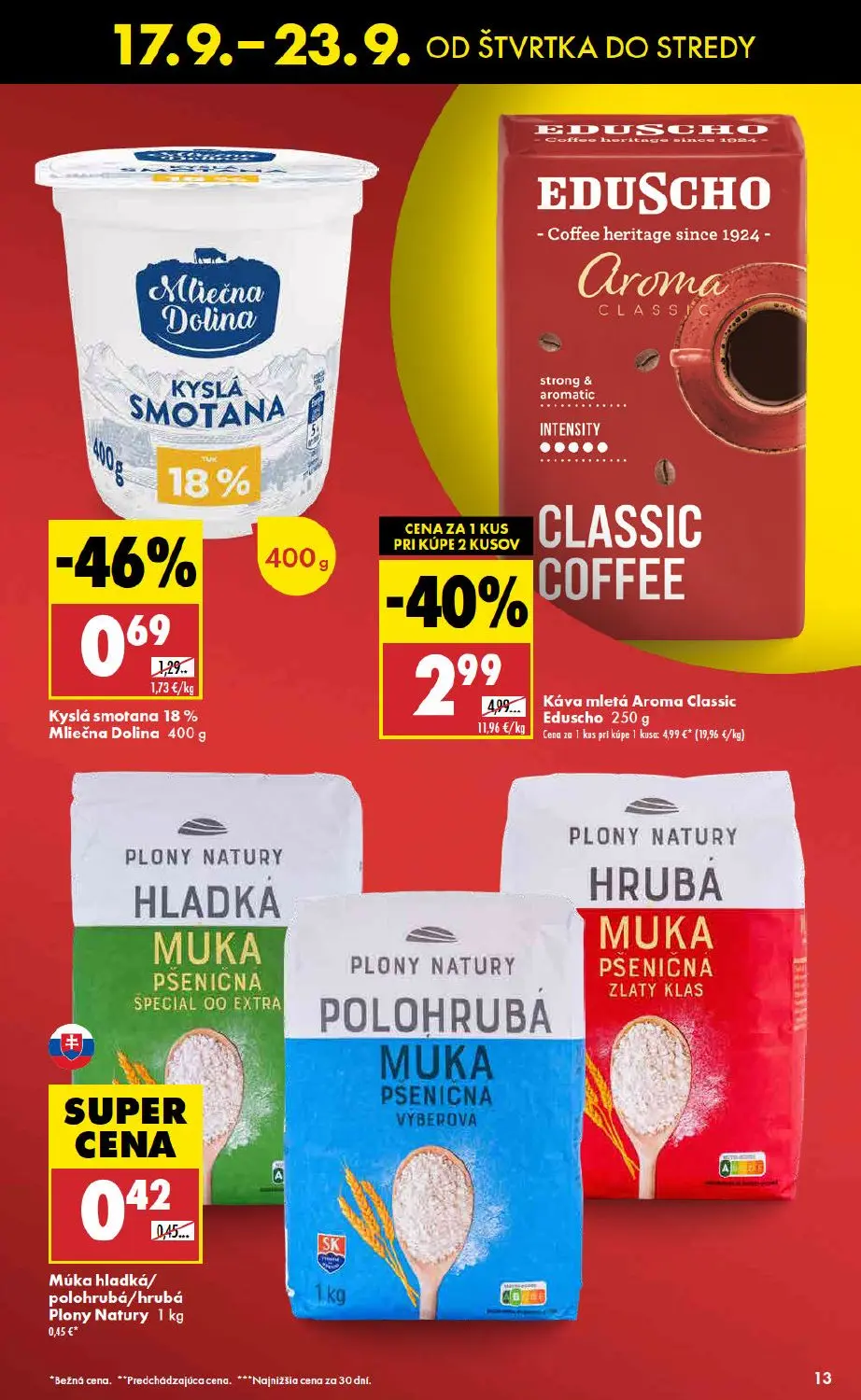 Biedronka leták, strana 13 z 48 — Káva mletá Aroma Classic Eduscho, Kyslá smotana 18% Mliečna Dolina, Múka hladká/polohrubá/…