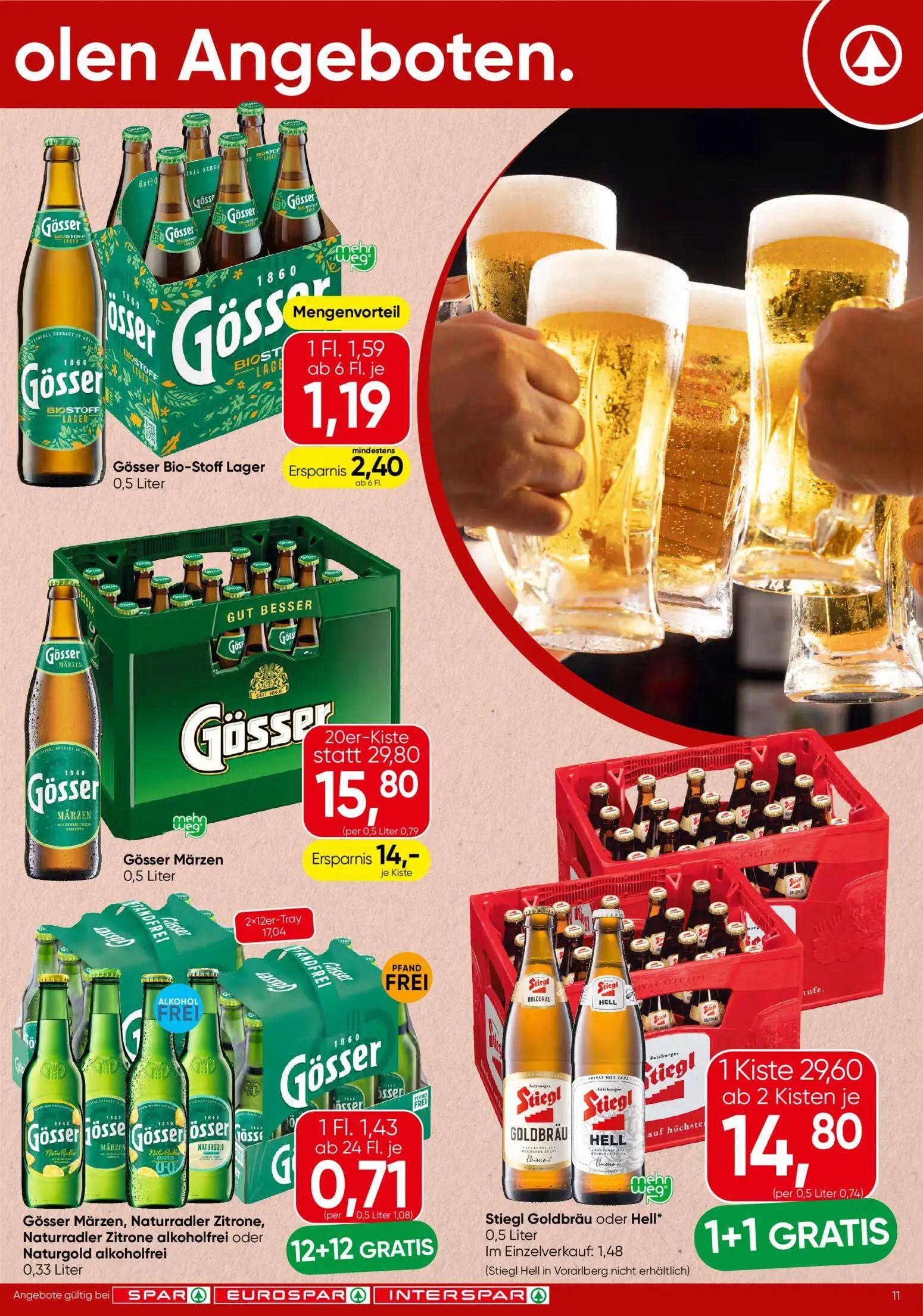 Spar Prospekt, Seite 11 von 16 — Stiegl Goldbräu oder Hell*, Gösser Märzen, Gösser Märzen, Naturradler Zitrone, Naturradler …