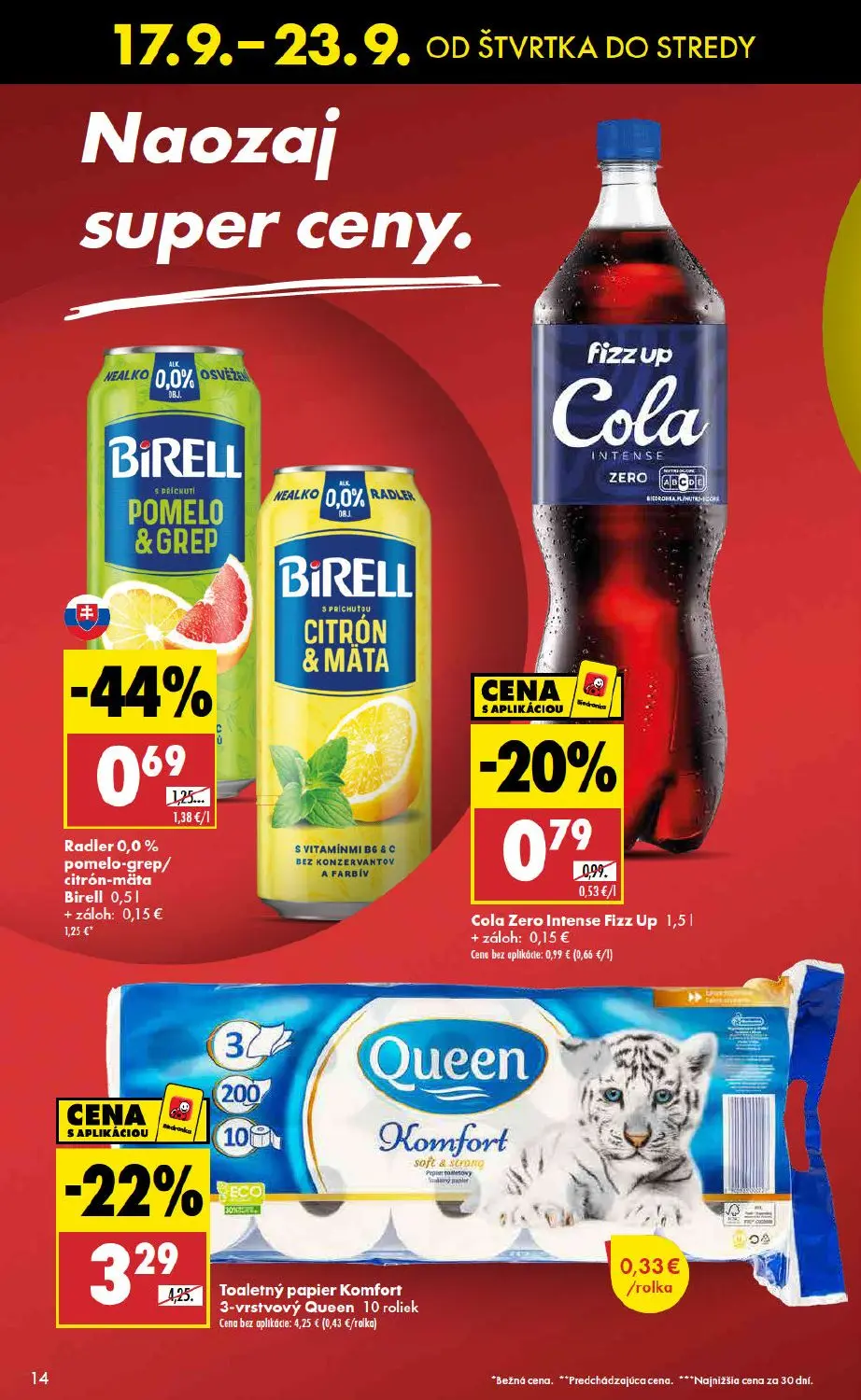 Biedronka leták, strana 14 z 48 — Toaletný papier Komfort 3-vrstvový Queen 10 roliek, Radler 0,0 % pomelo-grep/ citrón-mäta …
