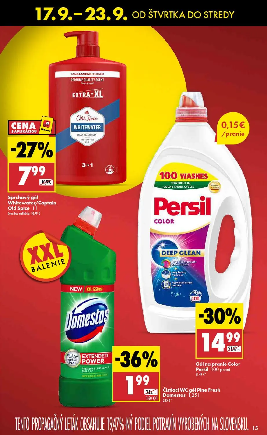 Biedronka leták, strana 15 z 48 — Gél na pranie Color Persil, Sprchový gél Whitewater/Captain Old Spice, Čistiaci WC gél Pin…
