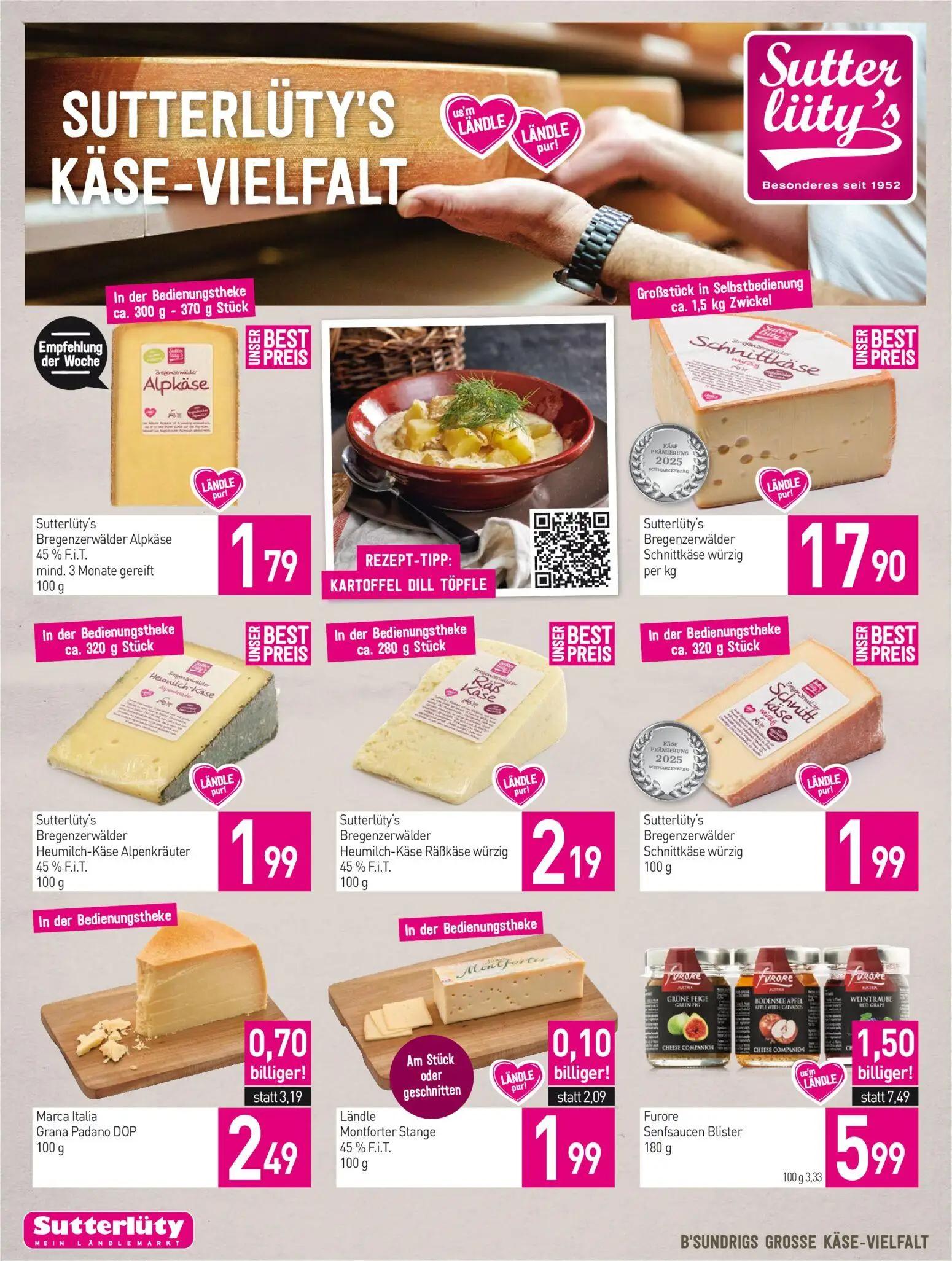 Sutterlüty Prospekt, Seite 4 von 16 — Furore Senfsaucen Blister, Marca Italia Grana Padano DOP, Ländle Montforter Stange