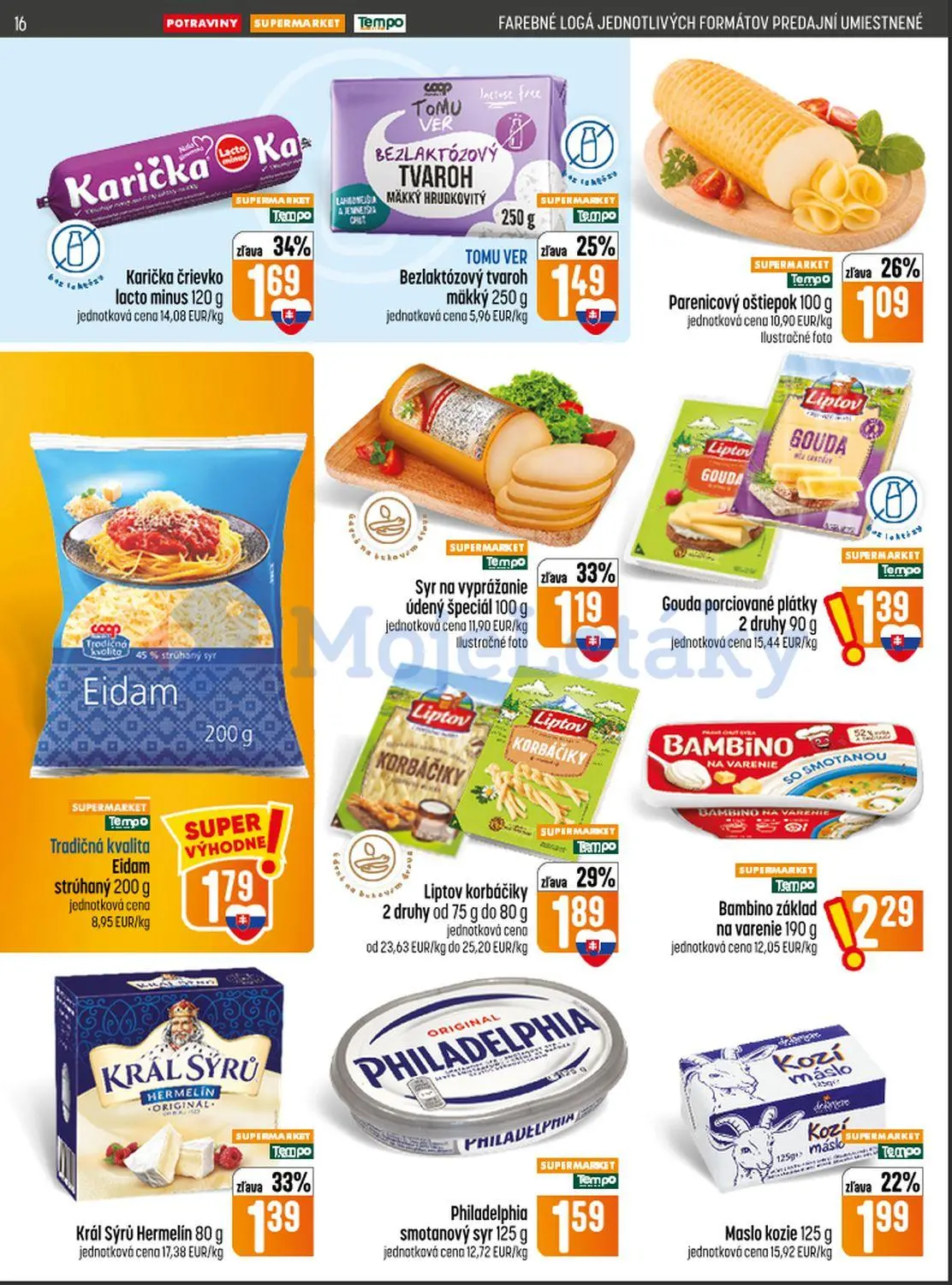 Coop Jednota leták, strana 16 z 28 — Karička črievko lacto minus, Liptov korbáčiky, Král Sýrů Hermelín