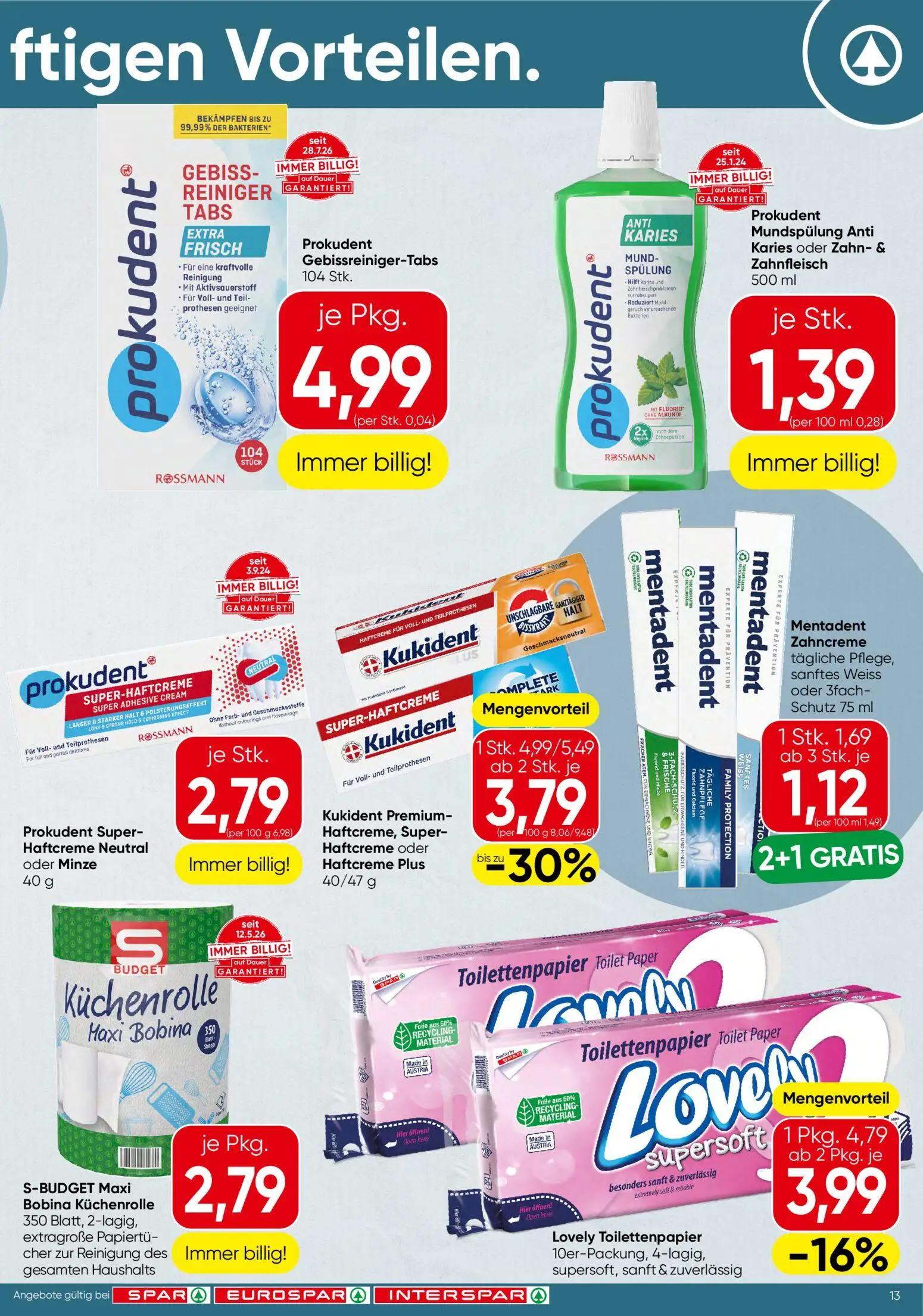 Spar Prospekt, Seite 13 von 16 — Kukident Premium-Haftcreme, Super-Haftcreme oder Haftcreme Plus, Lovely Toilettenpapier, Me…