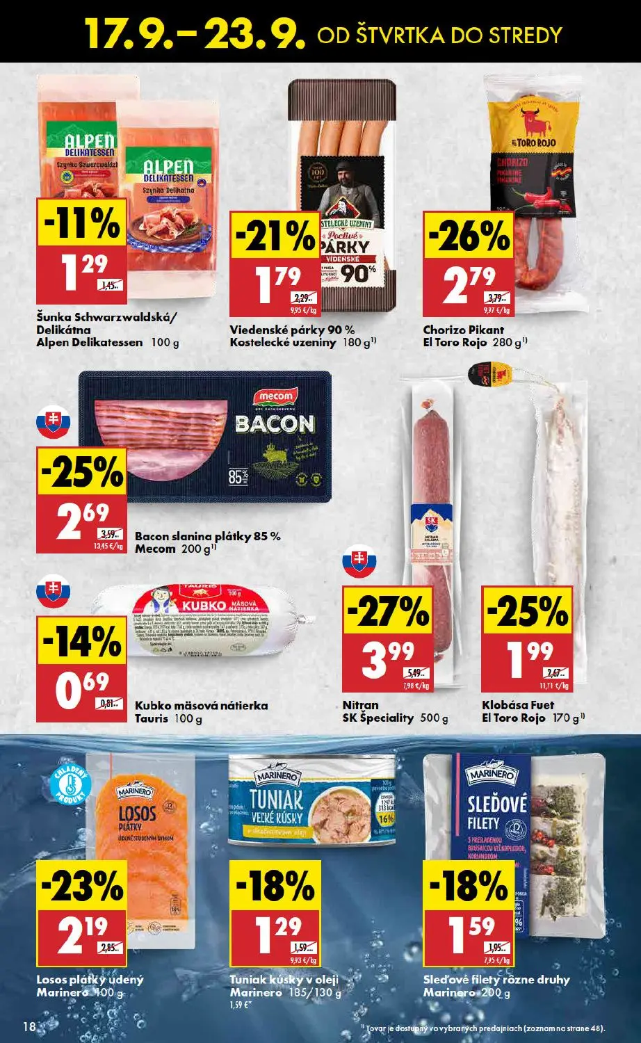 Biedronka leták, strana 18 z 48 — Nitran SK Špeciality, Chorizo Pikant, Bacon slanina plátky
