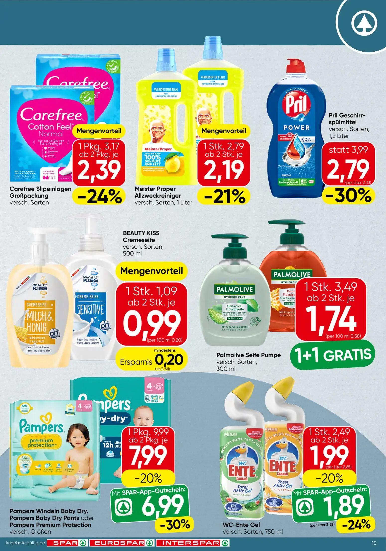 Spar Prospekt, Seite 15 von 16 — Pampers Windeln Baby Dry, Pampers Baby Dry Pants oder Pampers Premium Protection, Palmolive…