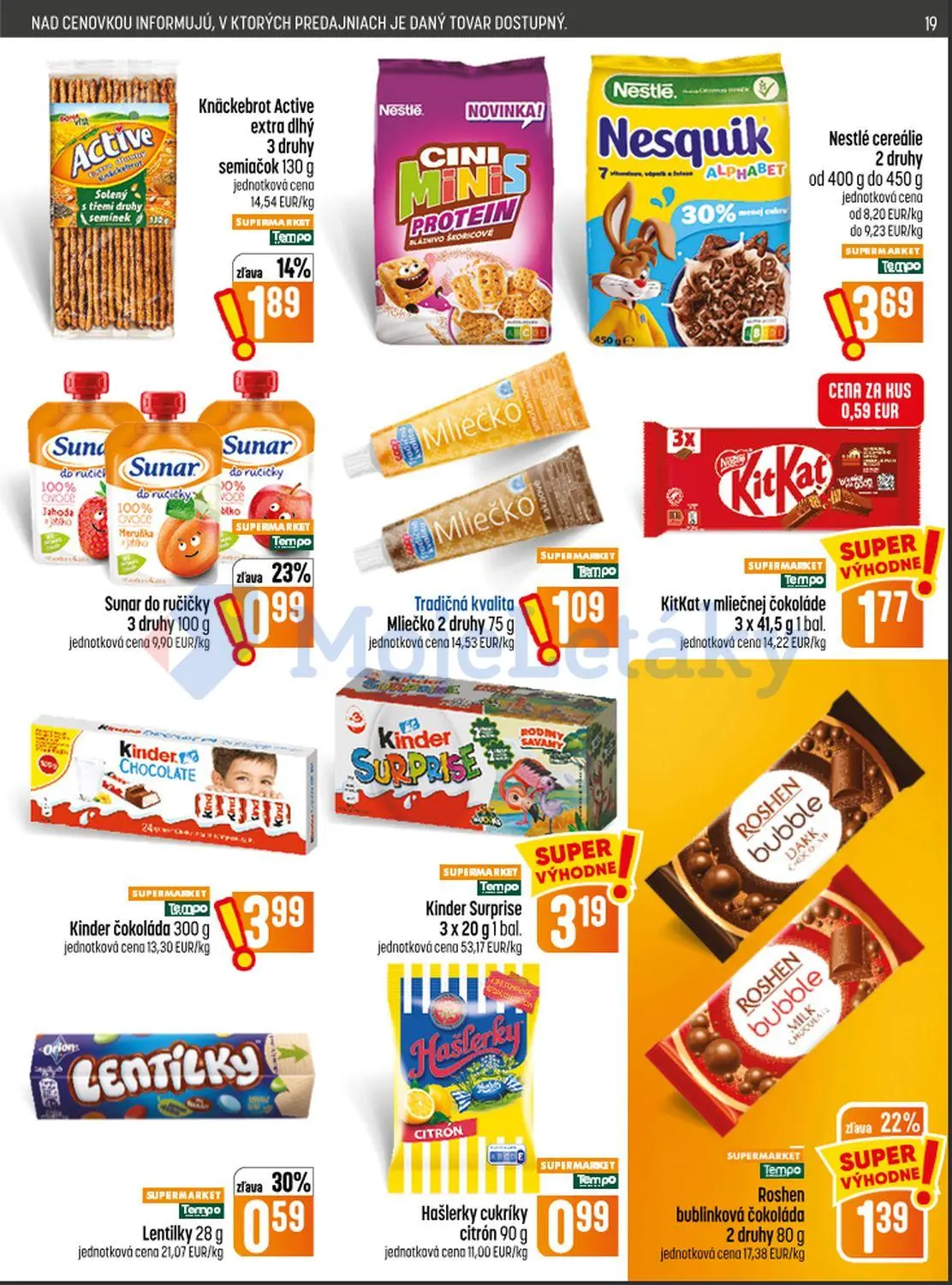 Coop Jednota leták, strana 19 z 28 — Roshen bublinková čokoláda, Knäckebrot Active extra dlhý 3 druhy semiačok, Sunar do ruč…