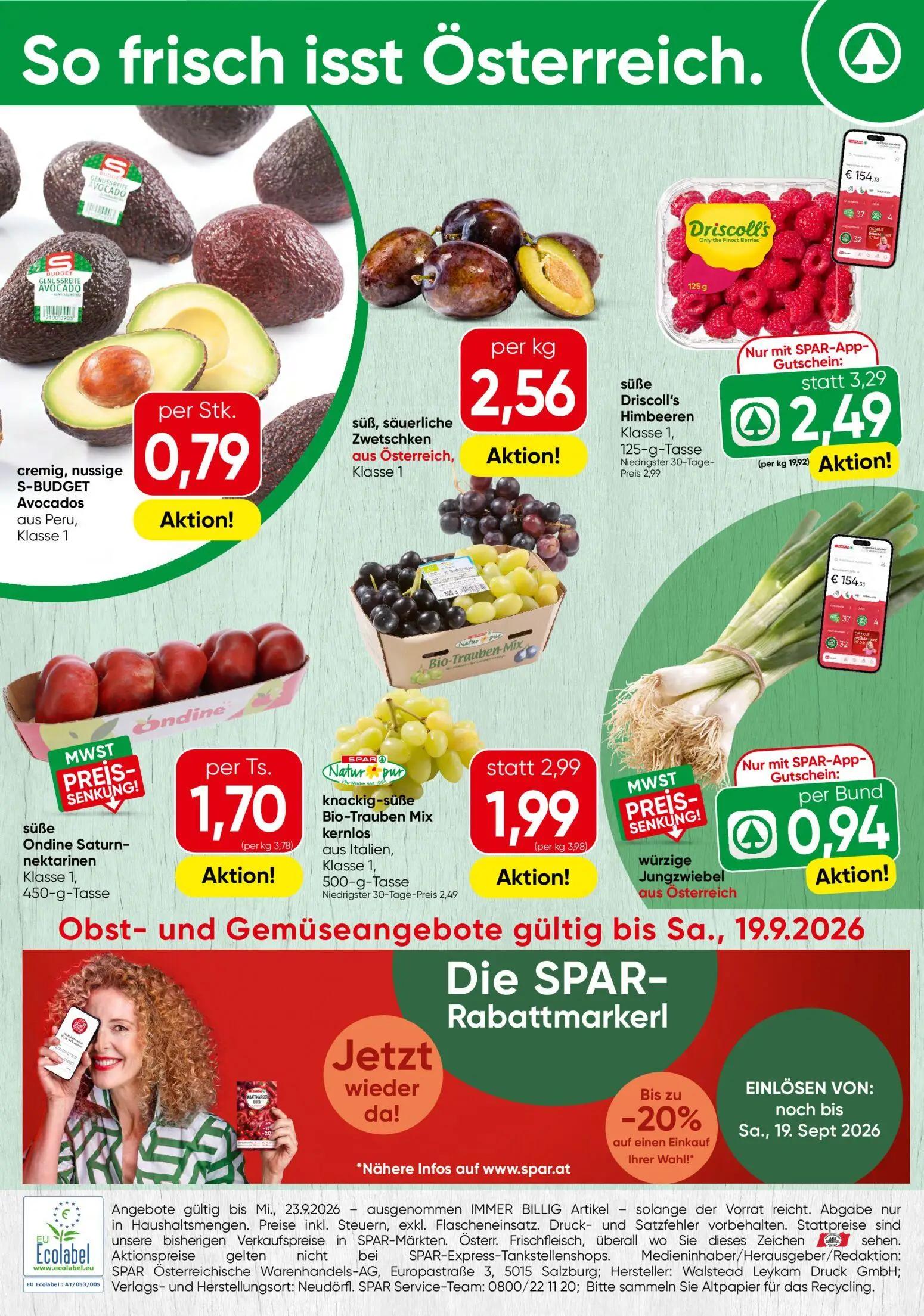 Spar Prospekt, Seite 16 von 16 — knackig-süße Bio-Trauben Mix kernlos, süße Driscoll's Himbeeren, S-BUDGET Avocados