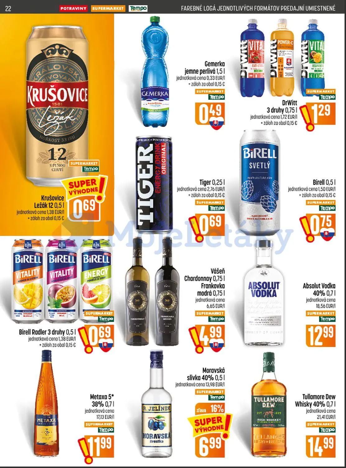 Coop Jednota leták, strana 22 z 28 — Moravská slivka 40%, Krušovice Ležák 12, Gemerka jemne perlivá