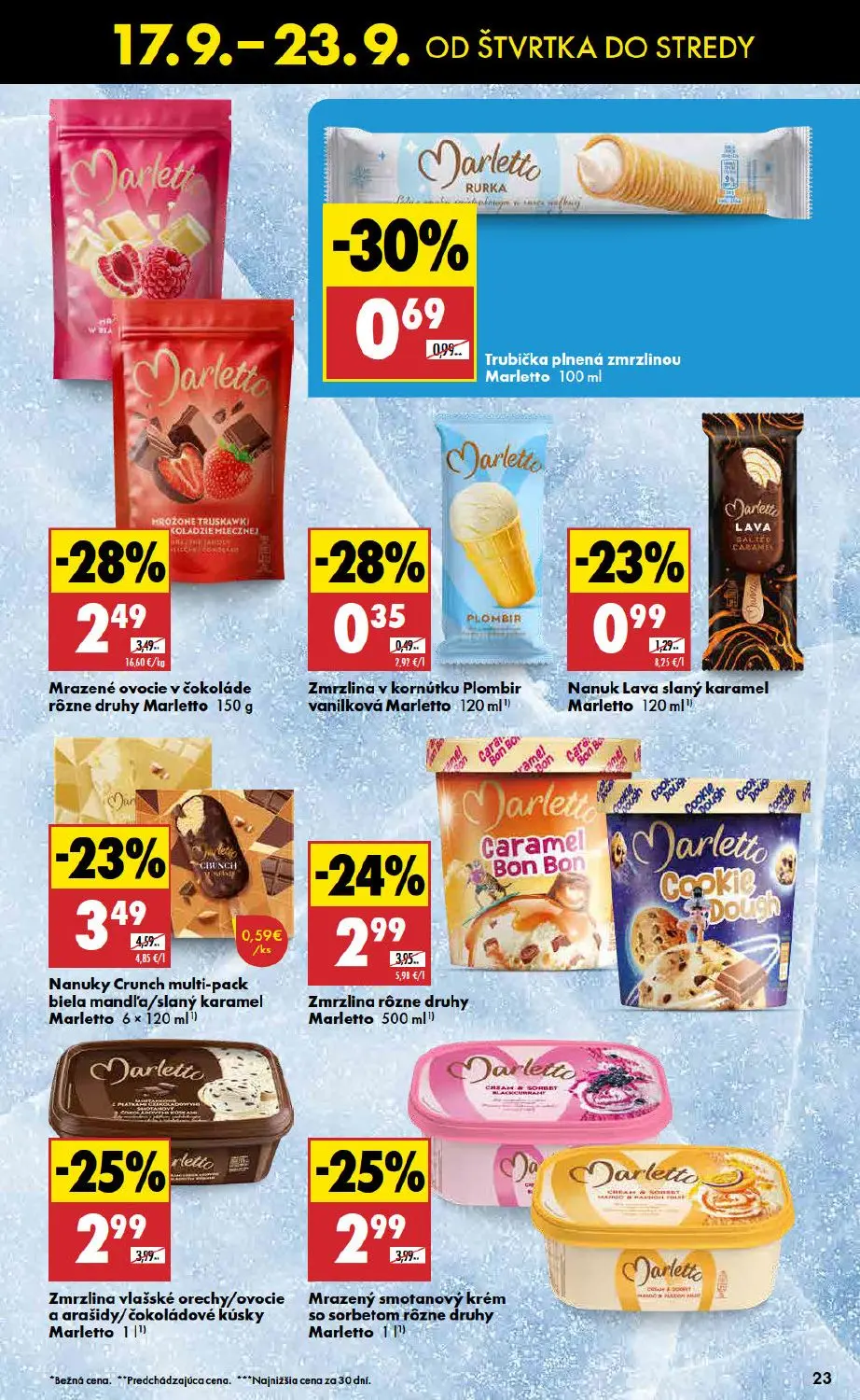Biedronka leták, strana 23 z 48 — Nanuky Crunch multi-pack biela mandľa/slaný karamel Marletto, Mrazené ovocie v čokoláde rô…