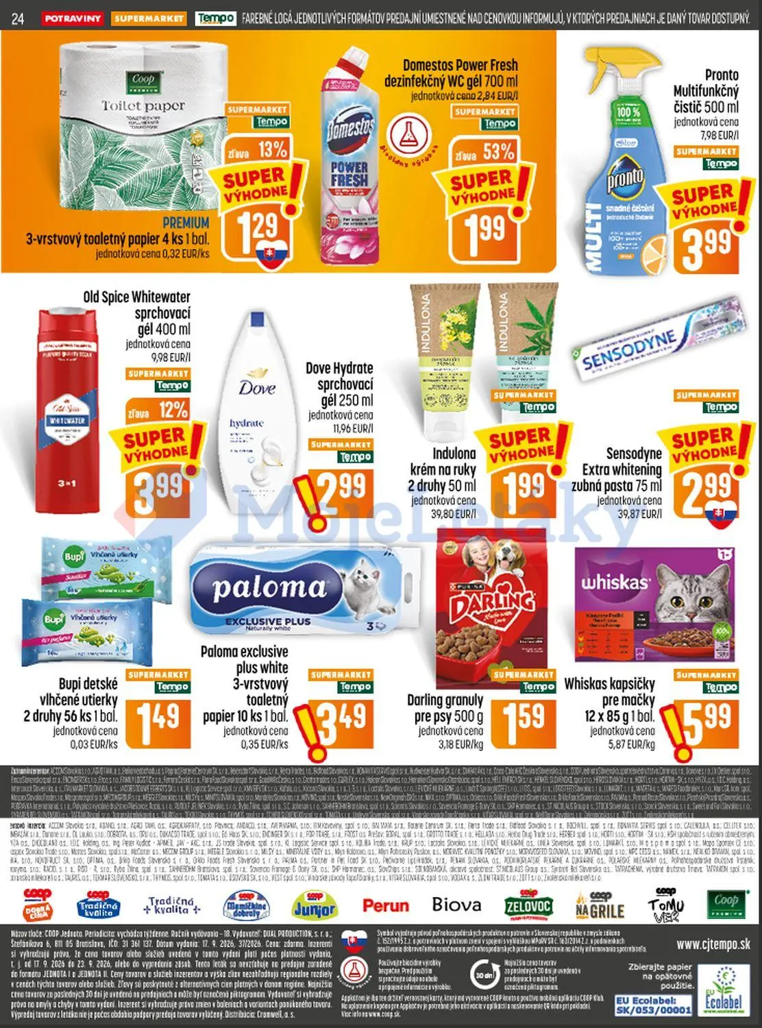 Coop Jednota leták, strana 24 z 28 — Domestos Power Fresh dezinfekčný WC gél, Old Spice Whitewater sprchovací gél, 3-vrstvov…