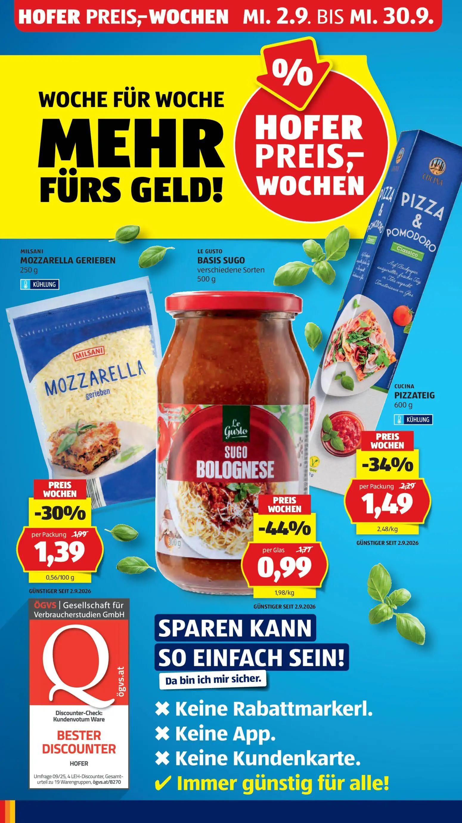 Hofer Prospekt, Seite 4 von 48 — CUCINA PIZZATEIG, LE GUSTO BASIS SUGO, MILSANI MOZZARELLA GERIEBEN