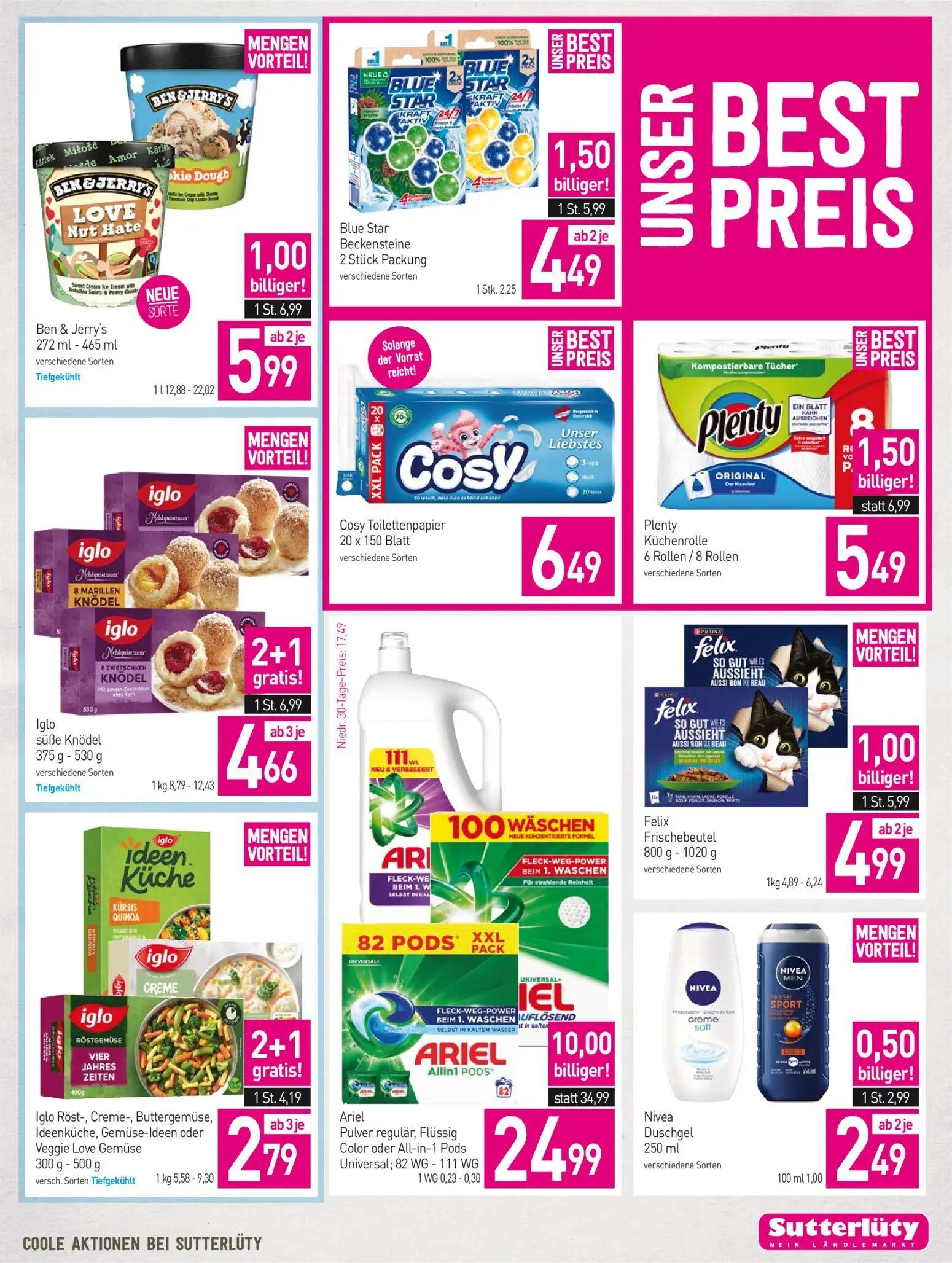 Sutterlüty Prospekt, Seite 15 von 16 — Ariel Pulver regulär, Flüssig Color oder All-in-1 Pods Universal, Iglo süße Knödel, B…