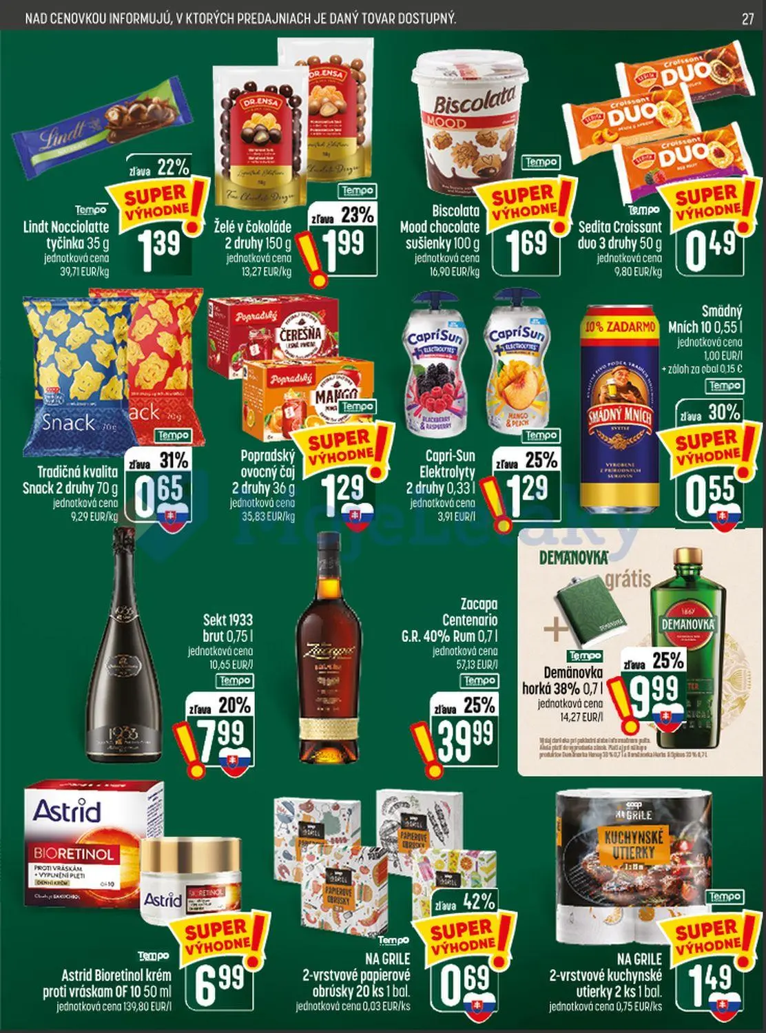 Coop Jednota leták, strana 27 z 28 — Zacapa Centenario G.R. 40% Rum, Demänovka horká 38%, Sekt 1933 brut